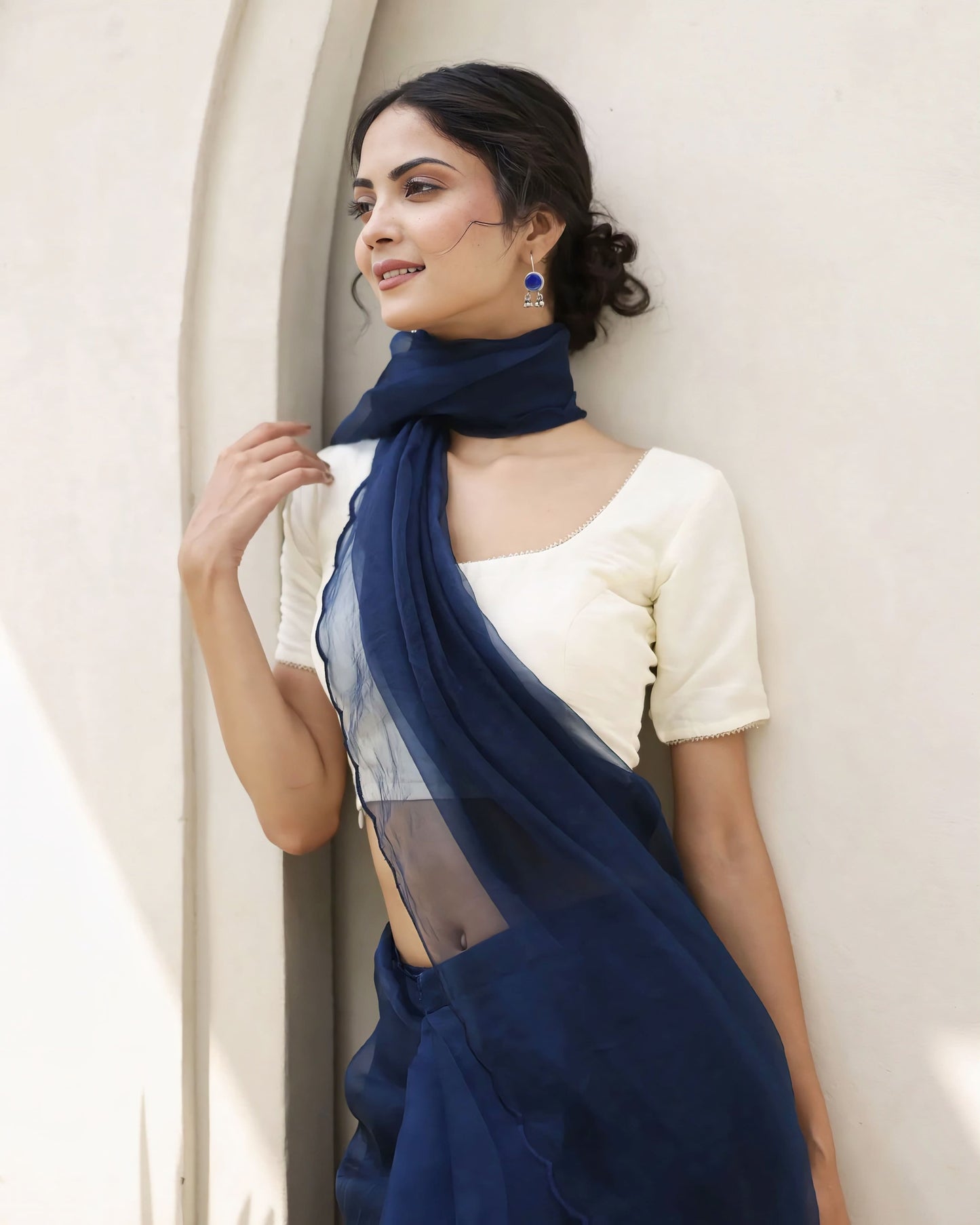 Ivory Square Neck Blouse with Navy Blue Scalloped Organza Saree Pallu
