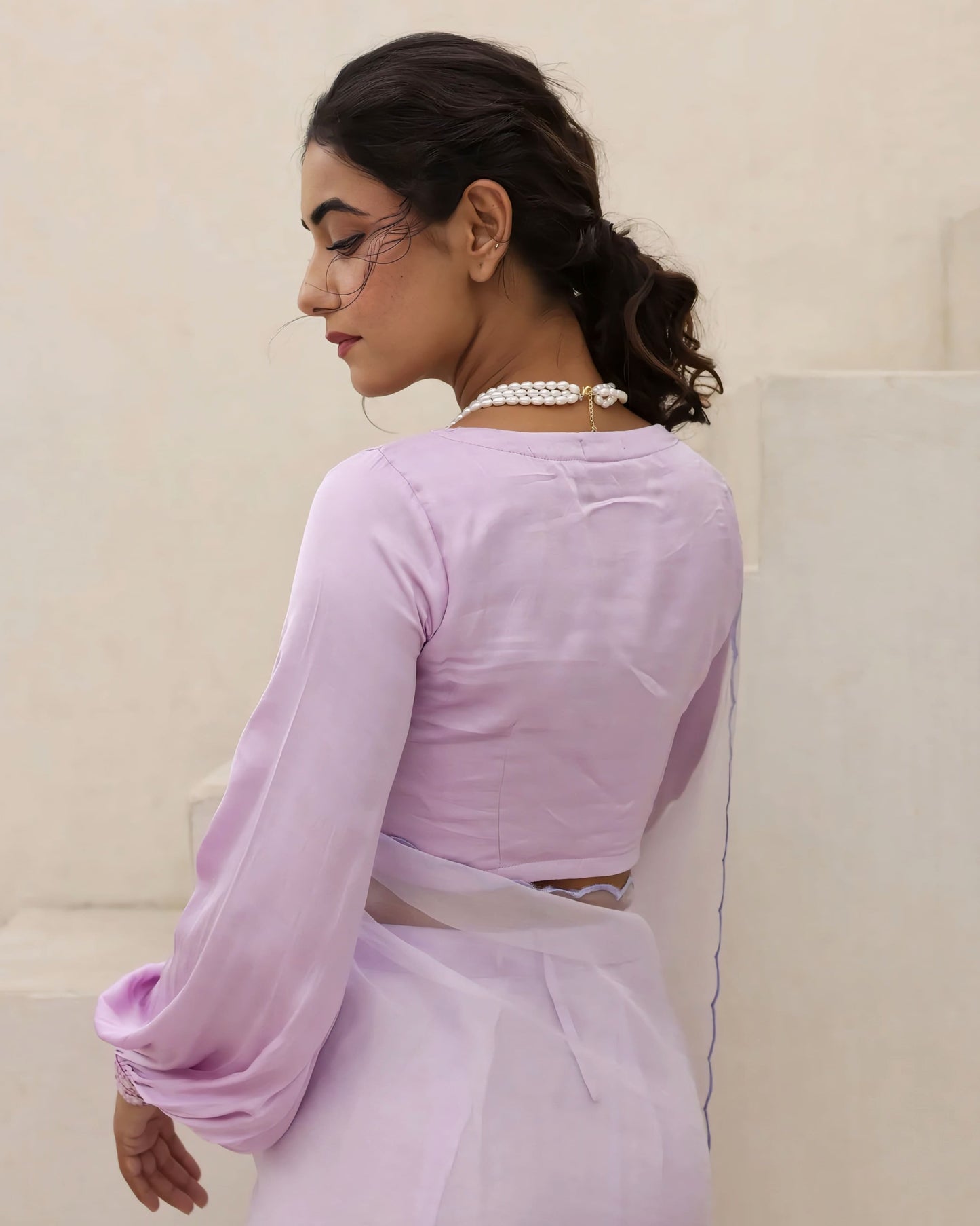 Lavender V-Neck Blouse with Pearl Embellished Border and Sheer Sleeves