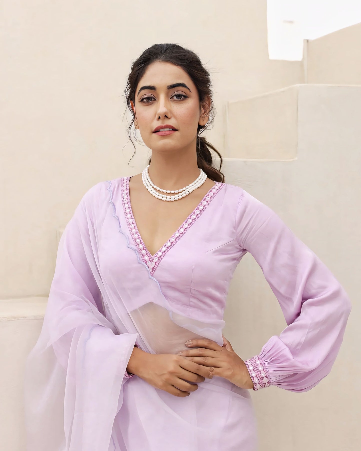 Lavender V-Neck Blouse with Pearl Embellished Border and Sheer Sleeves