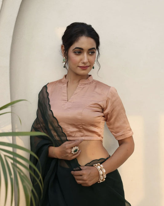 Peach Princess Cut Blouse with Notched Neck and Dark Green Sheer Pallu Finish