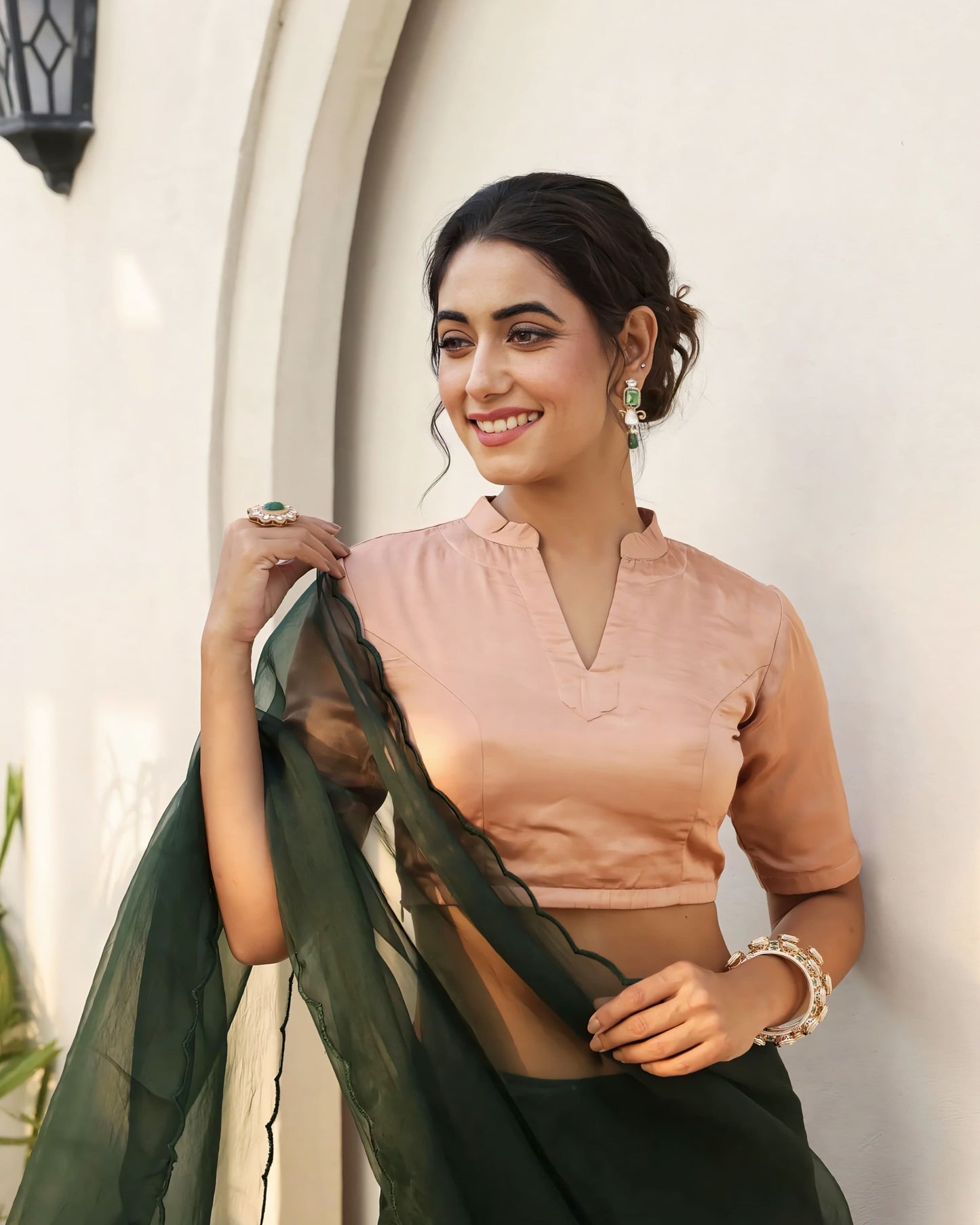 Peach Princess Cut Blouse with Notched Neck and Dark Green Sheer Pallu Finish