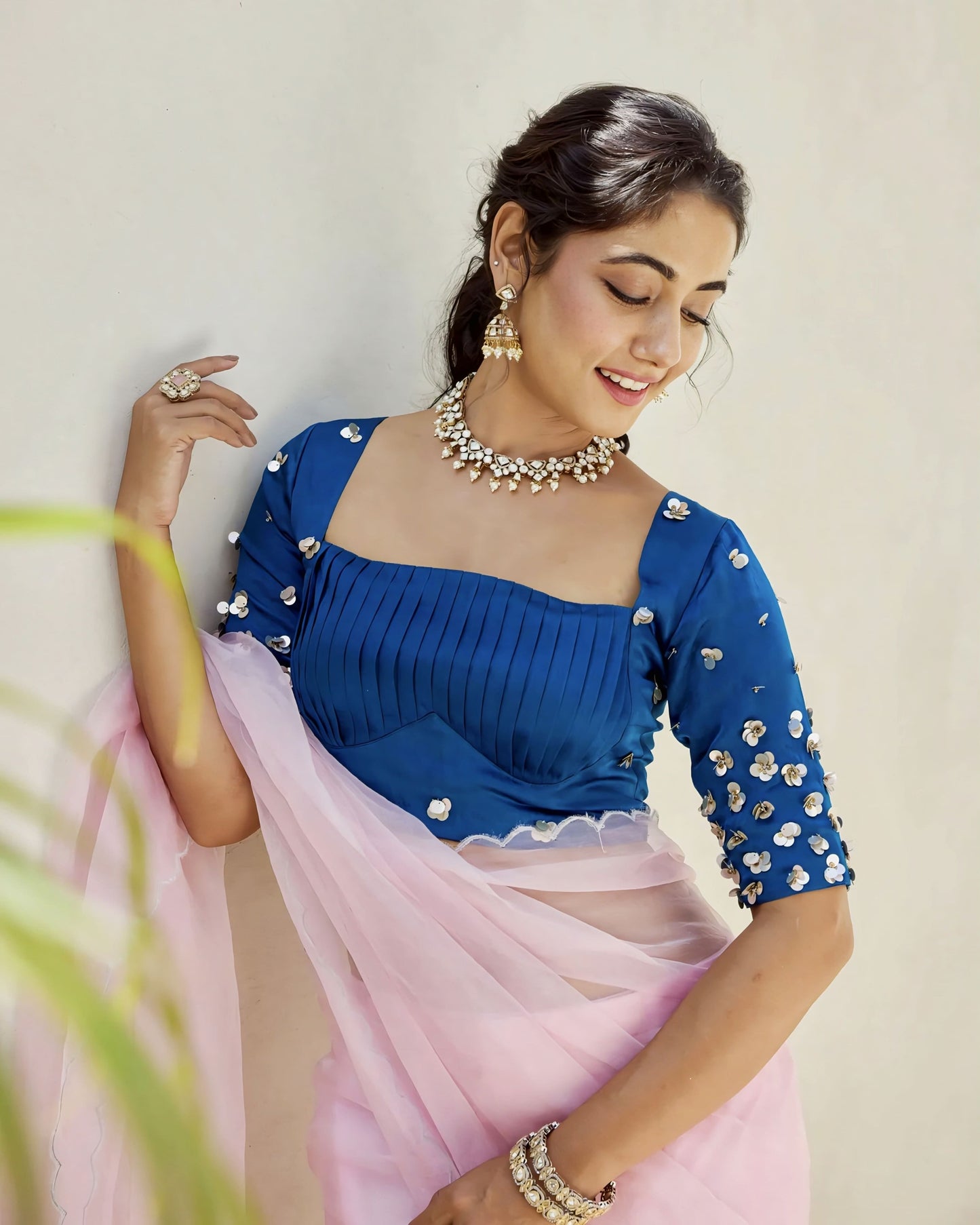 Royal Blue Princess Cut Blouse with Square Neck and Sequin Embellished Sleeves