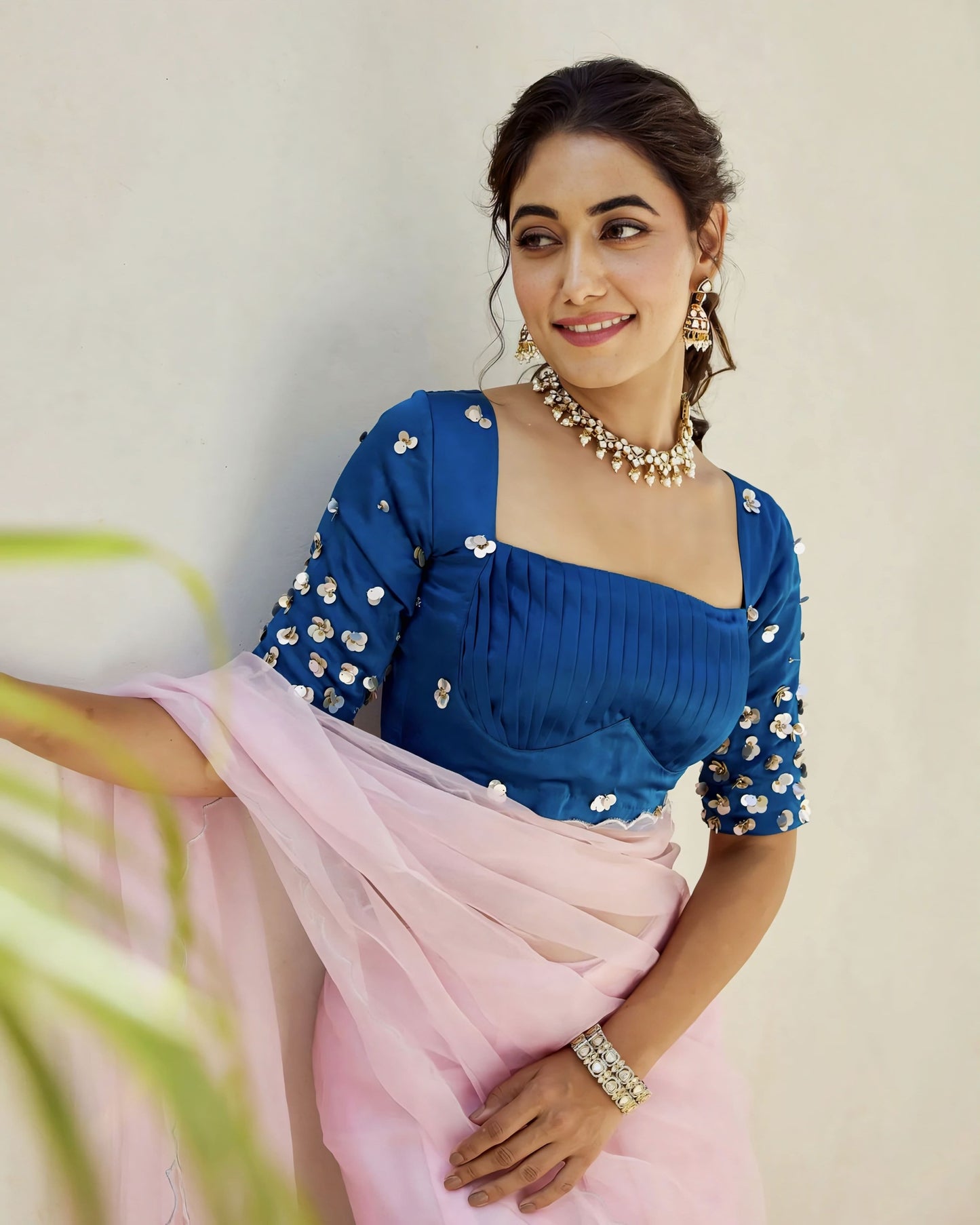 Royal Blue Princess Cut Blouse with Square Neck and Sequin Embellished Sleeves