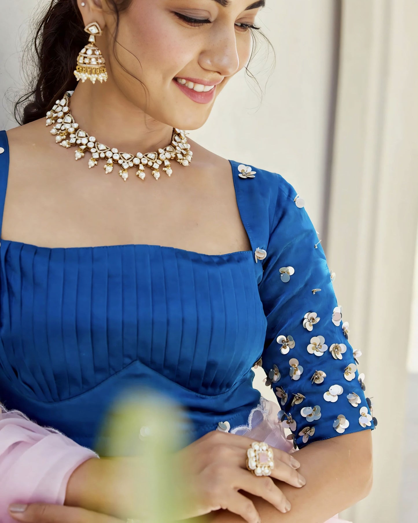 Royal Blue Princess Cut Blouse with Square Neck and Sequin Embellished Sleeves