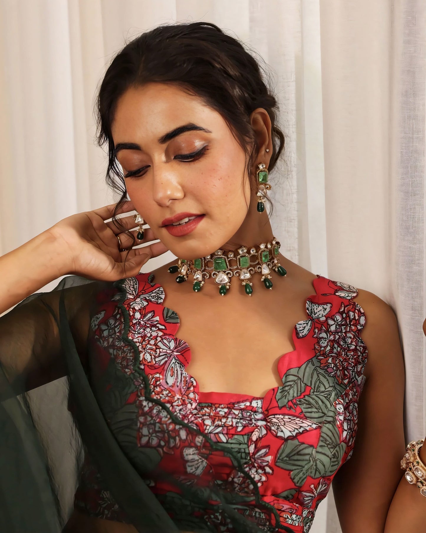 Red & Green Floral Printed Princess Cut Blouse with Scalloped Neckline