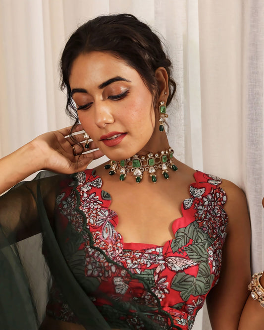 Red & Green Floral Printed Princess Cut Blouse with Scalloped Neckline