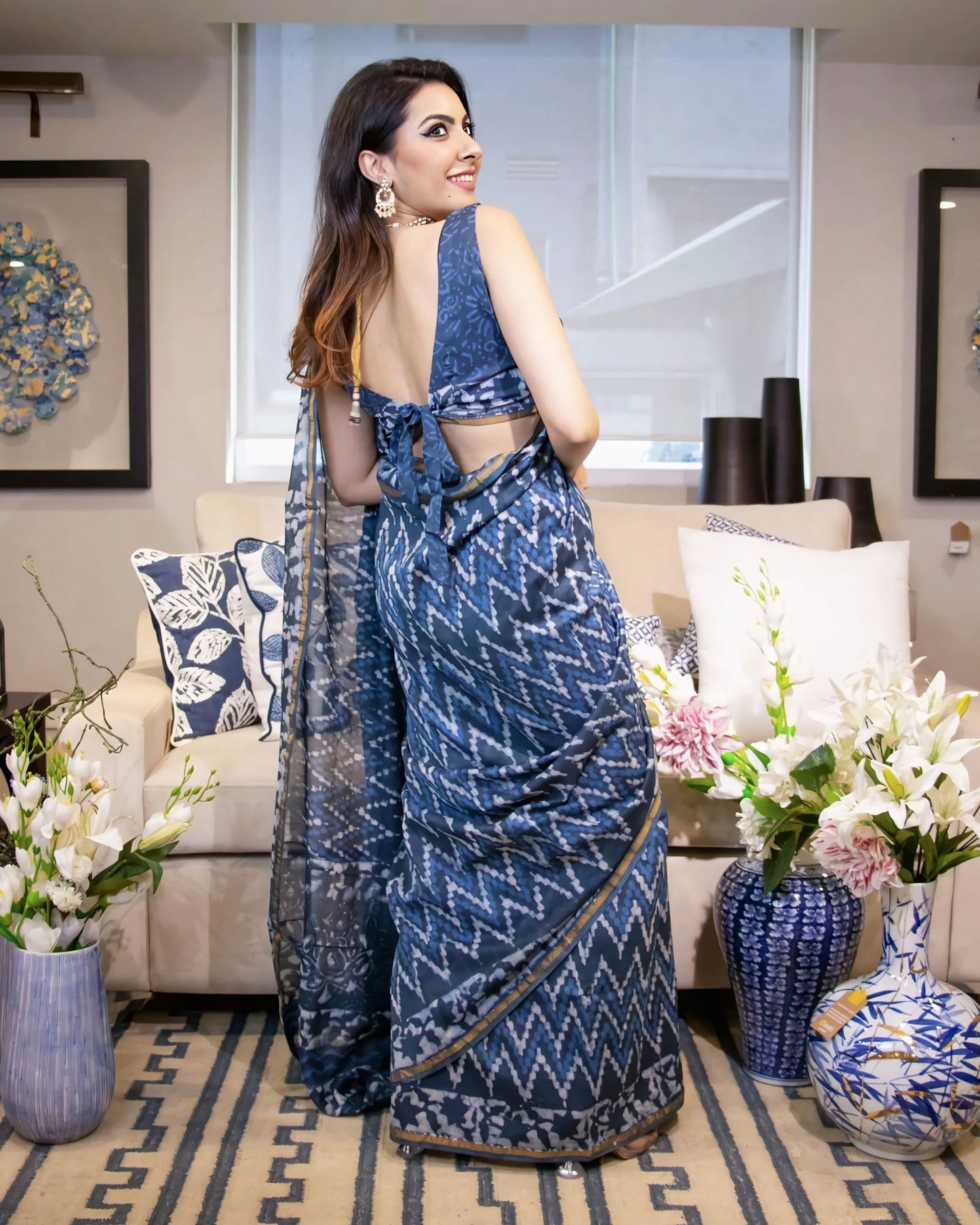 Blue Ikat Print Sleeveless Princess Cut Blouse with Round Neck