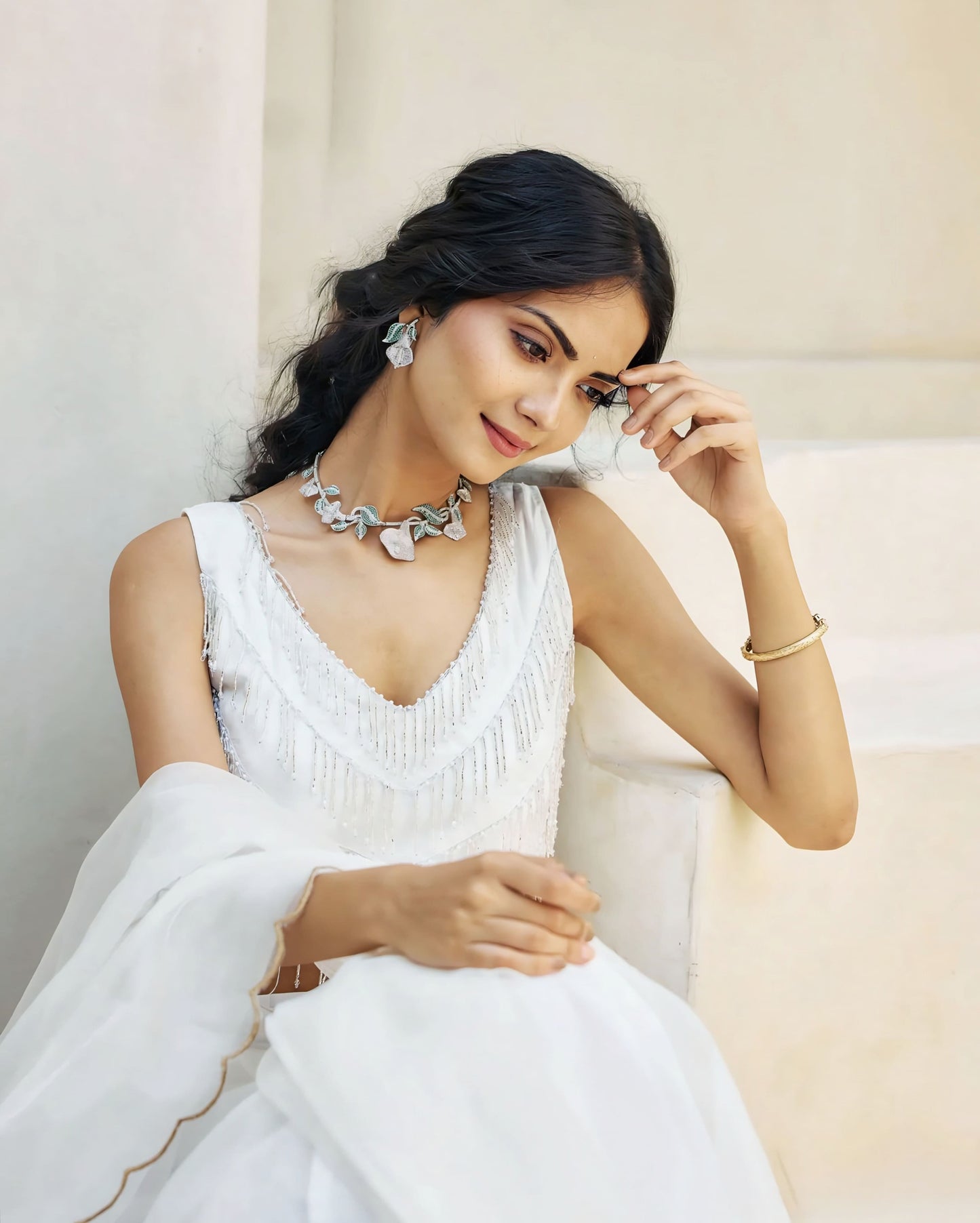 White Sleeveless Beaded Princess Cut Blouse with V-Neck