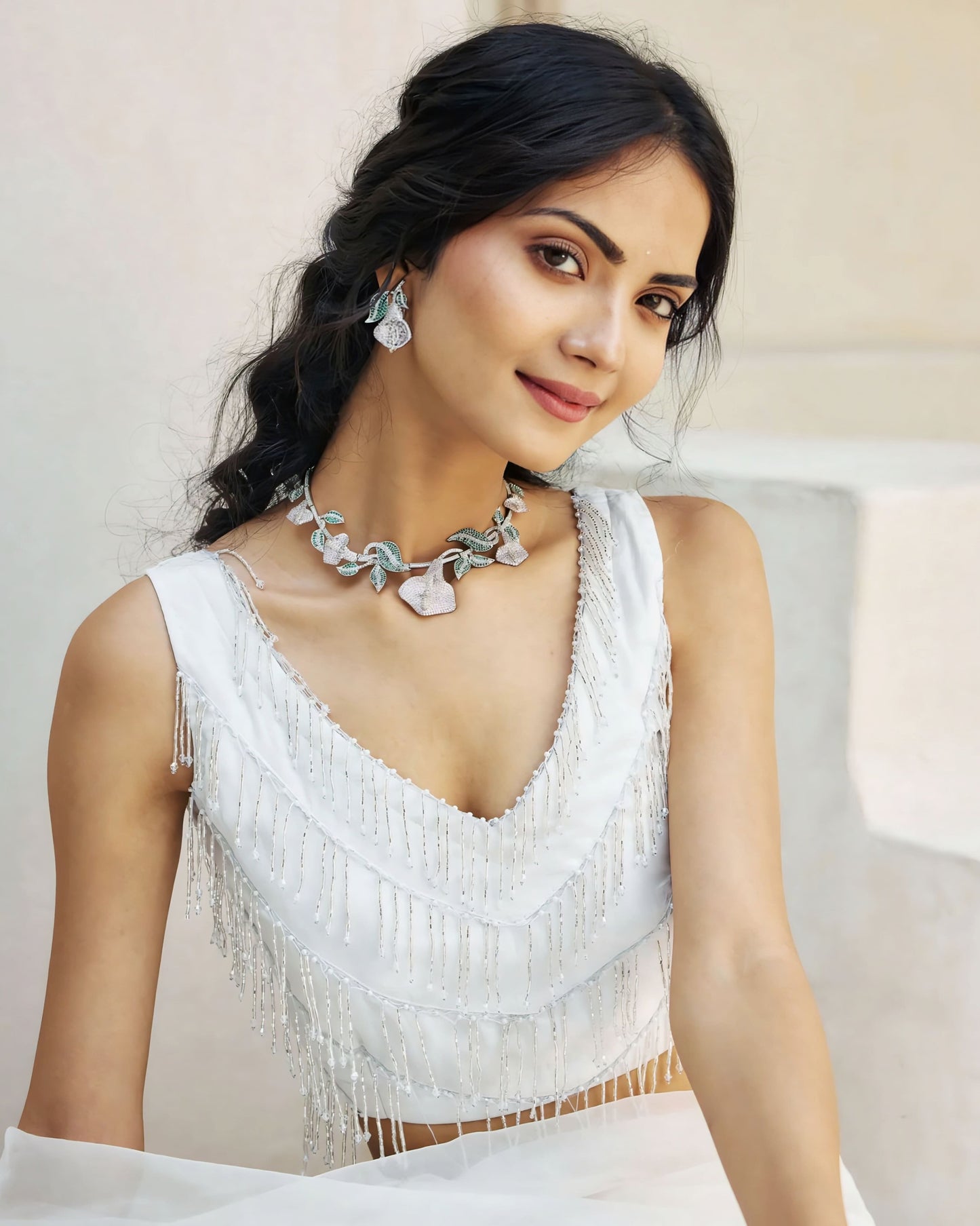 White Sleeveless Beaded Princess Cut Blouse with V-Neck