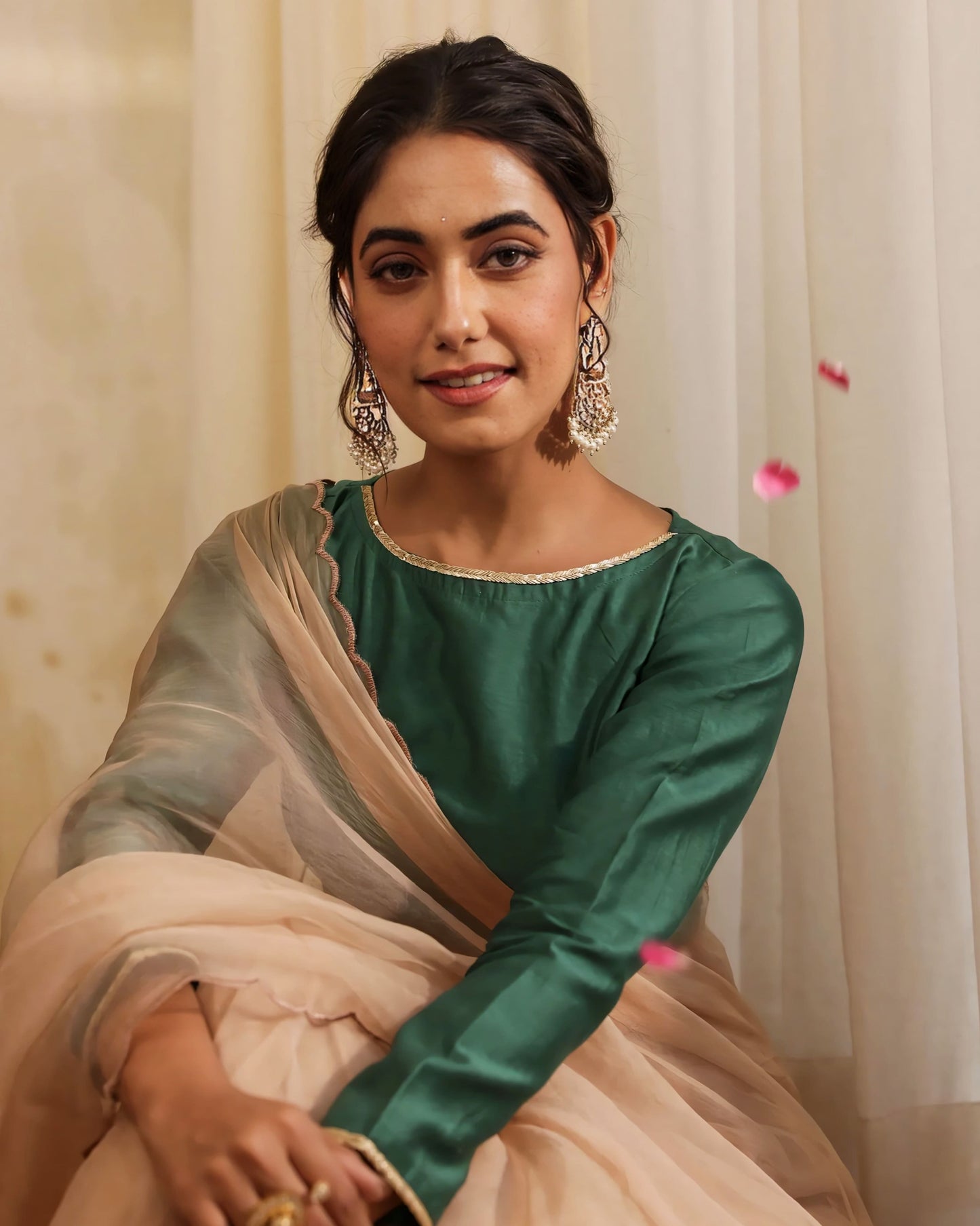 Bottle Green Long Sleeve Princess Cut Blouse with Boat Neck