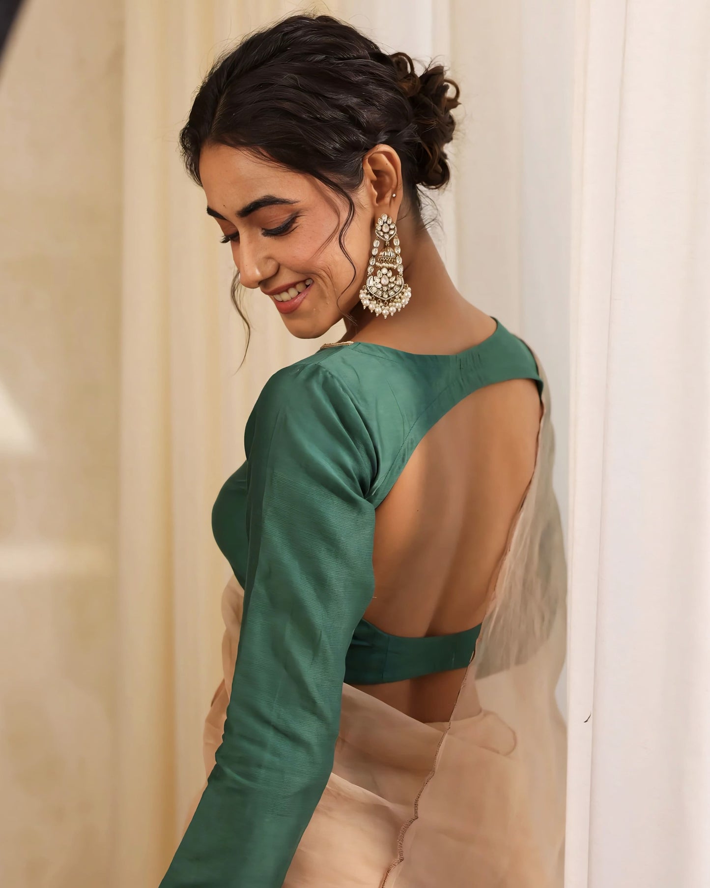 Bottle Green Long Sleeve Princess Cut Blouse with Boat Neck