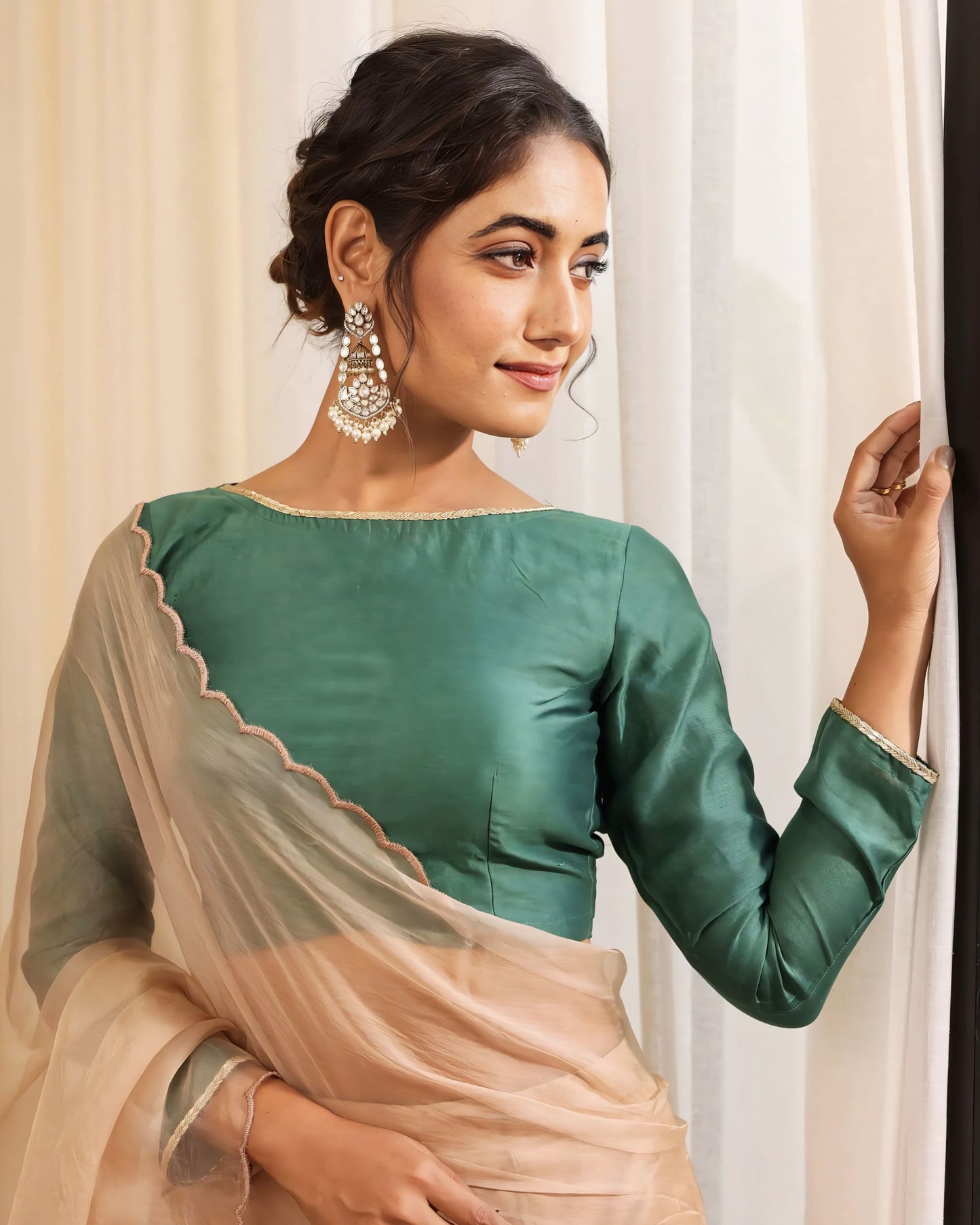 Bottle Green Long Sleeve Princess Cut Blouse with Boat Neck