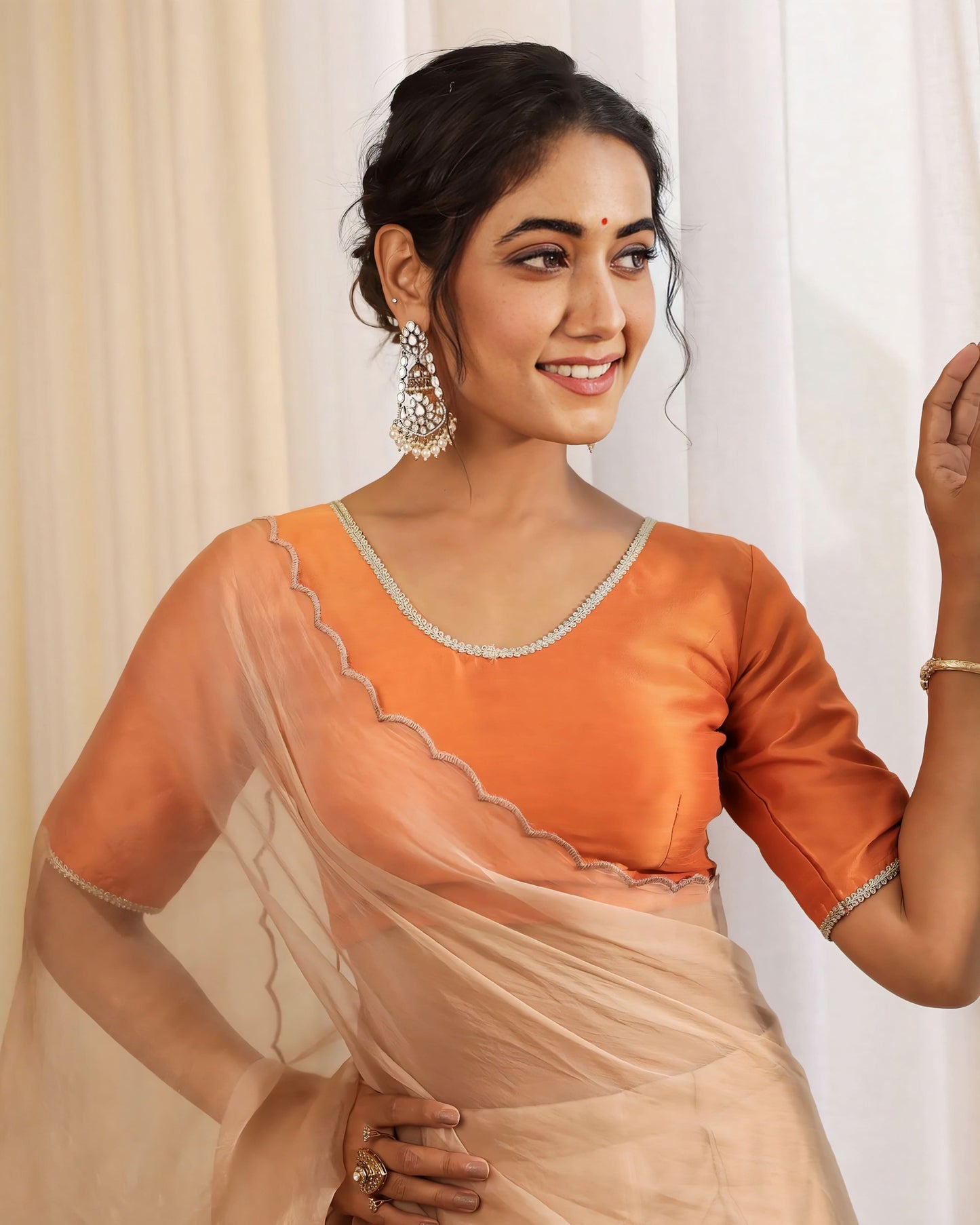 Burnt Orange Silk-Look Princess Cut Blouse with Scoop Neck & Elbow Sleeves