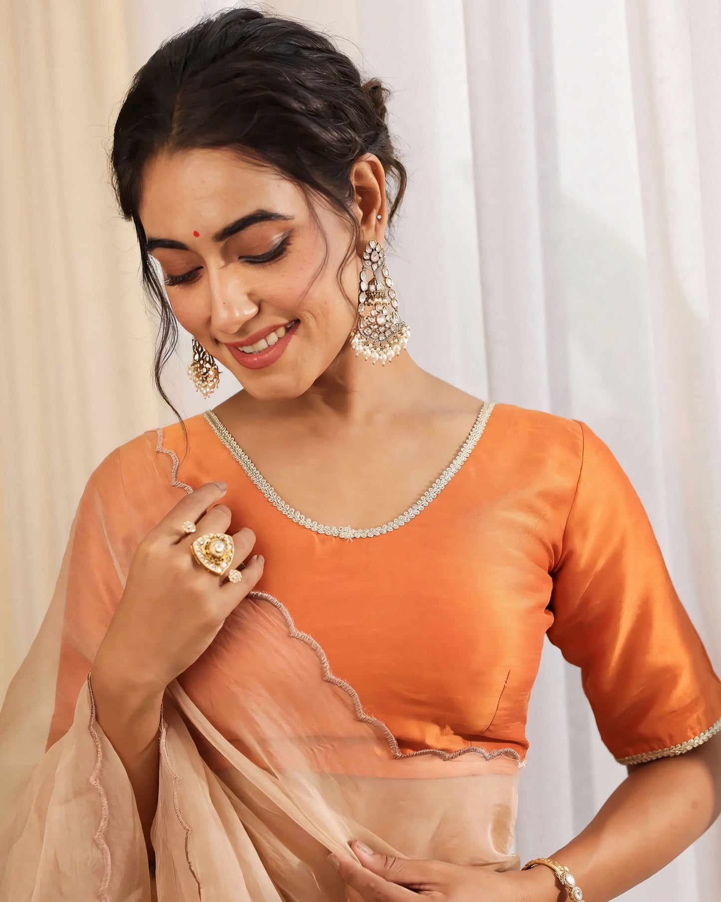 Burnt Orange Silk-Look Princess Cut Blouse with Scoop Neck & Elbow Sleeves