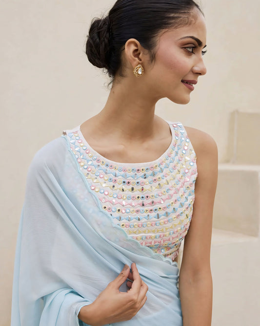 Pastel Mirror Work Princess Cut Sleeveless Blouse with Round Neck