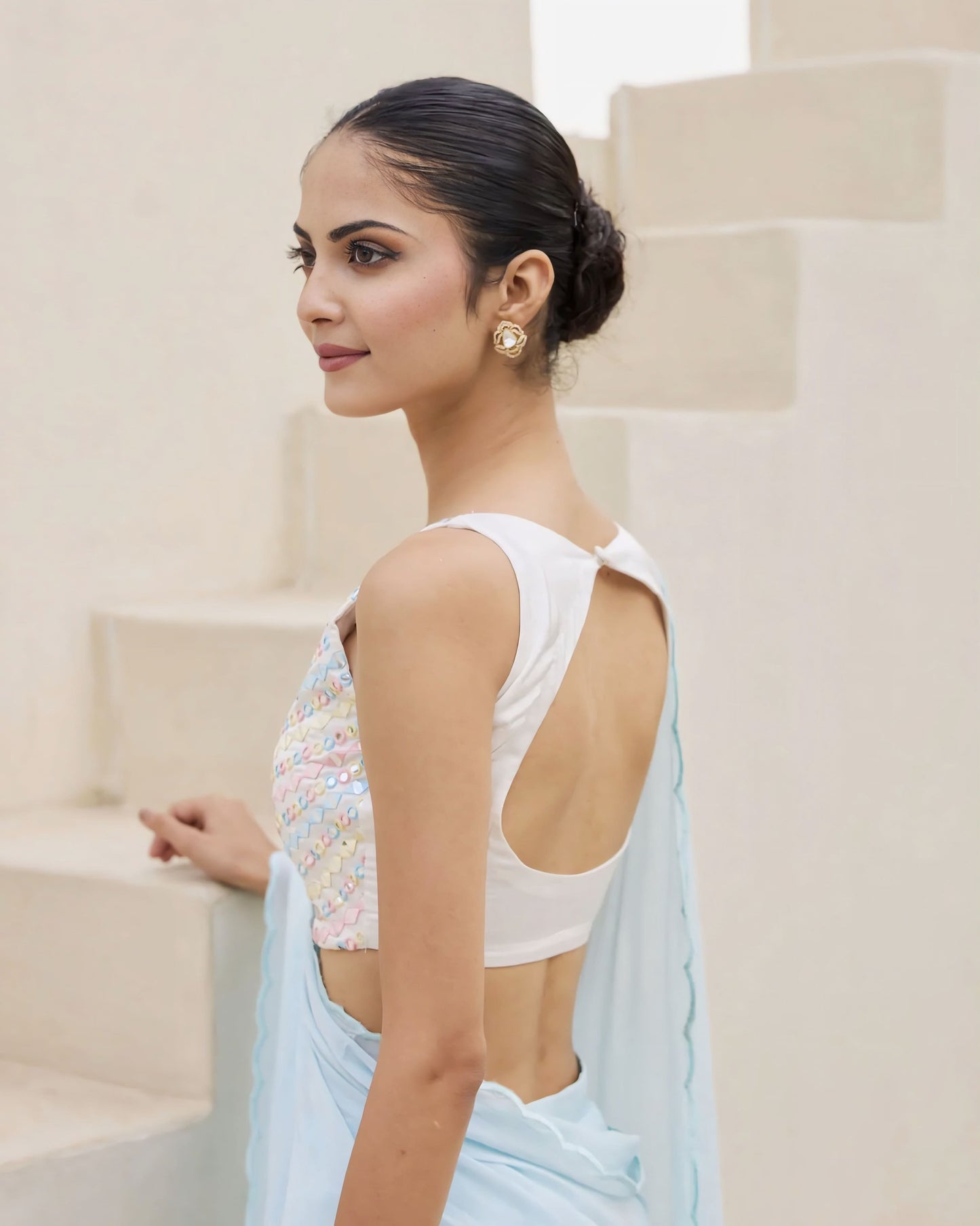 Pastel Mirror Work Princess Cut Sleeveless Blouse with Round Neck