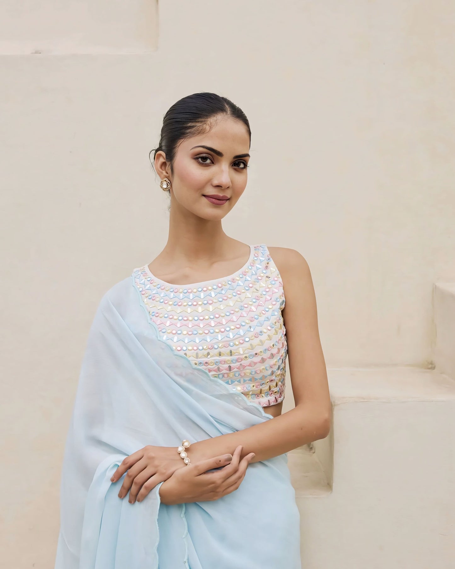 Pastel Mirror Work Princess Cut Sleeveless Blouse with Round Neck