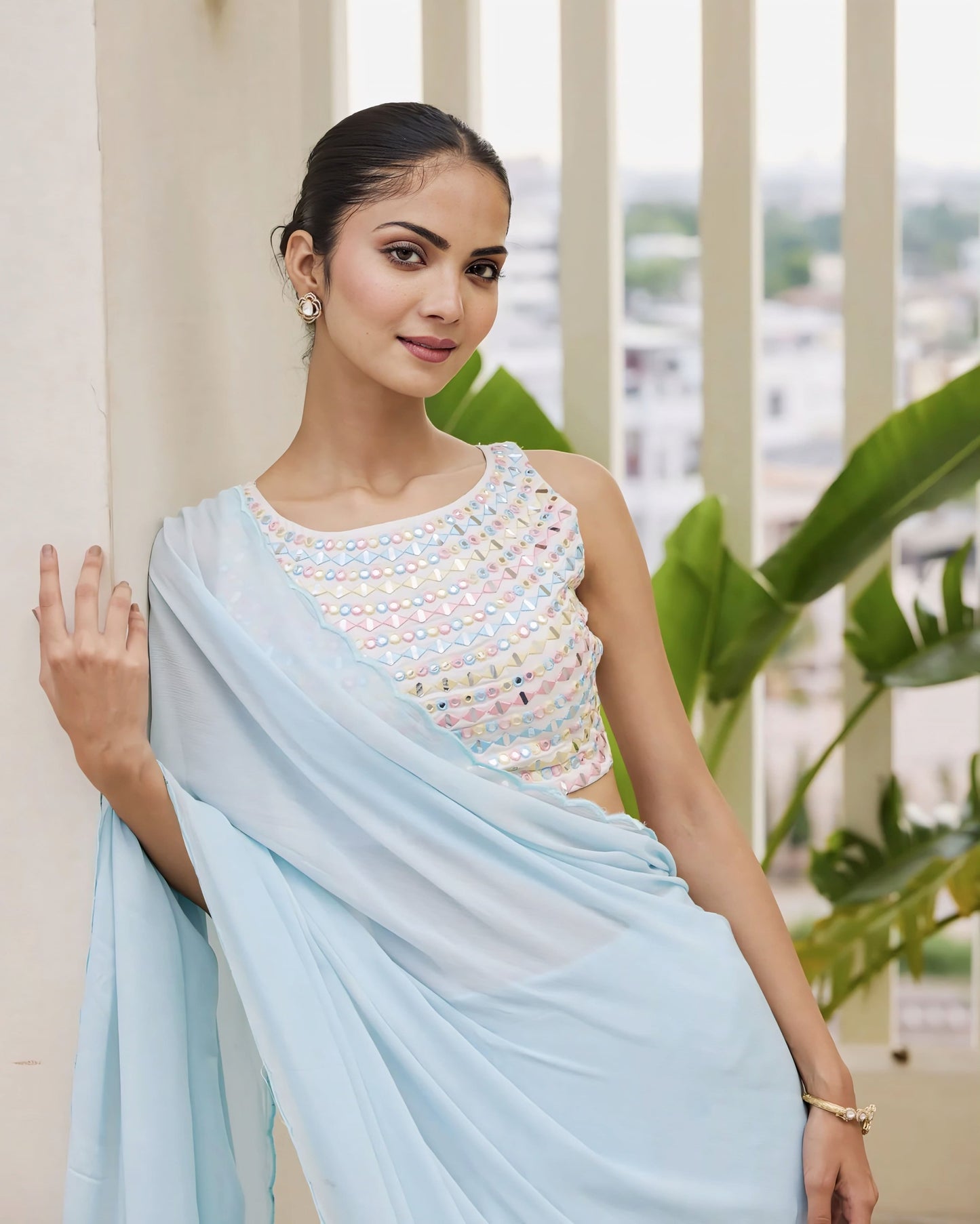 Pastel Mirror Work Princess Cut Sleeveless Blouse with Round Neck