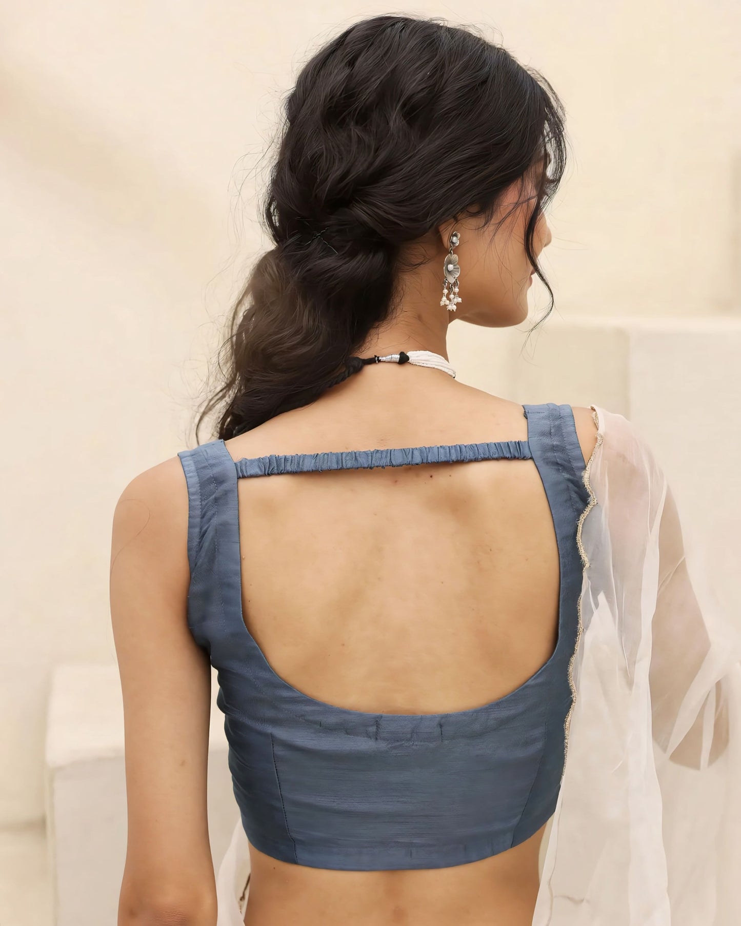 Steel Blue Princess Cut Sleeveless Blouse with Square Scoop Neck