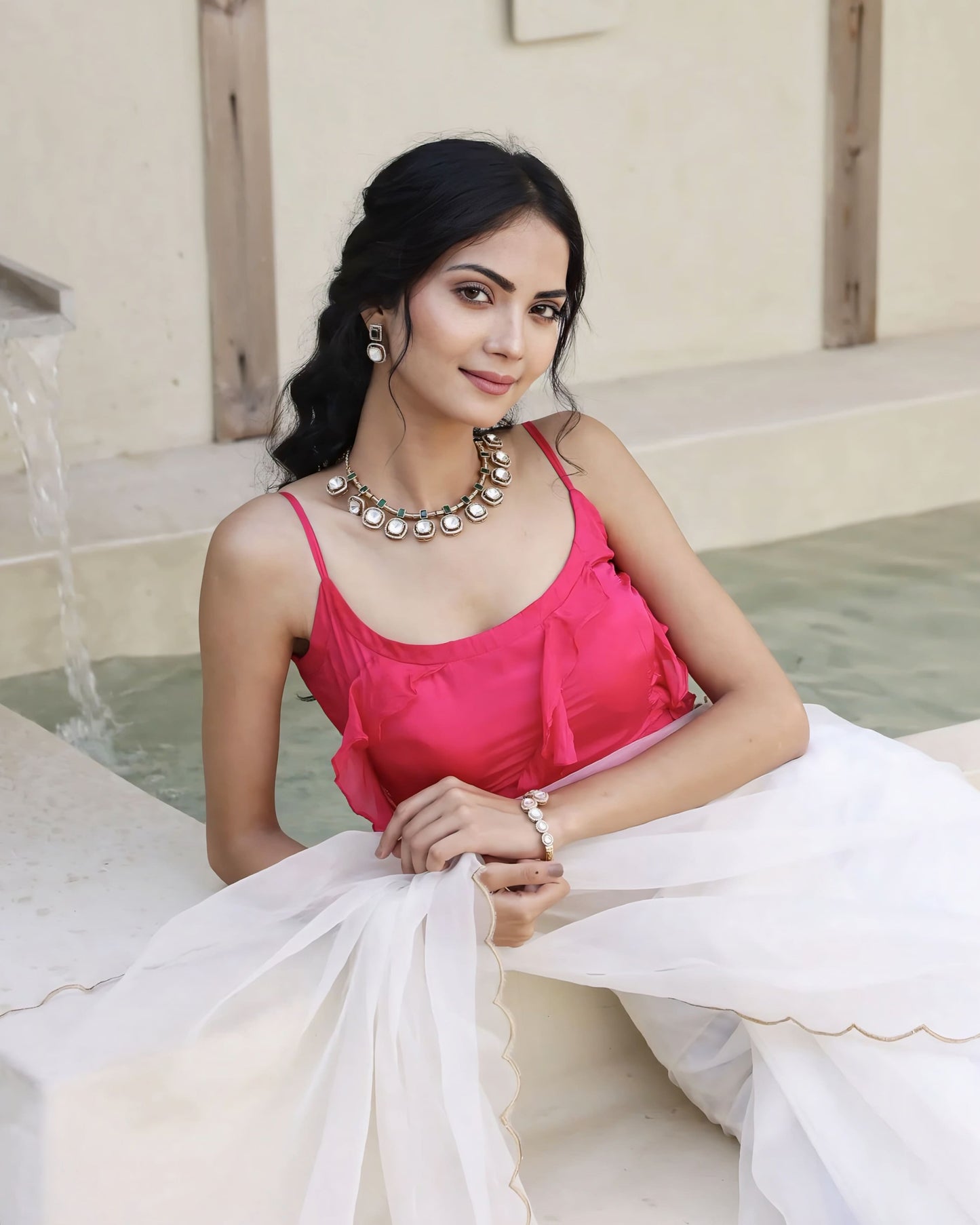 Fuchsia Pink Princess Cut Spaghetti Strap Blouse with Scoop Neck