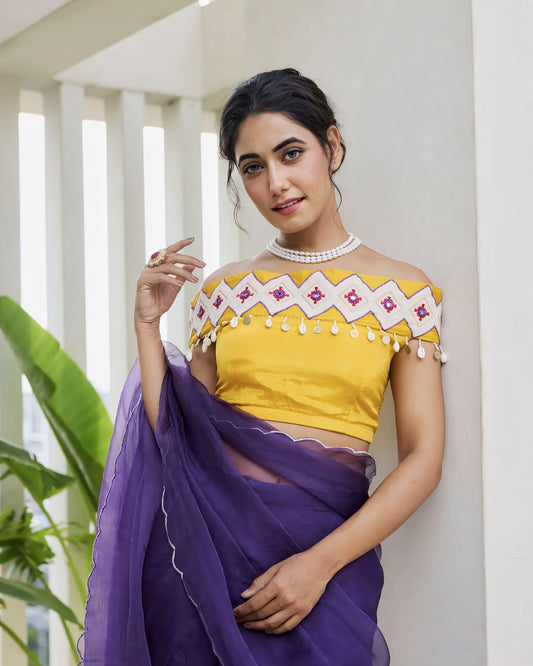 Mustard Yellow Princess Cut Off-Shoulder Blouse with Embroidered Neck Band