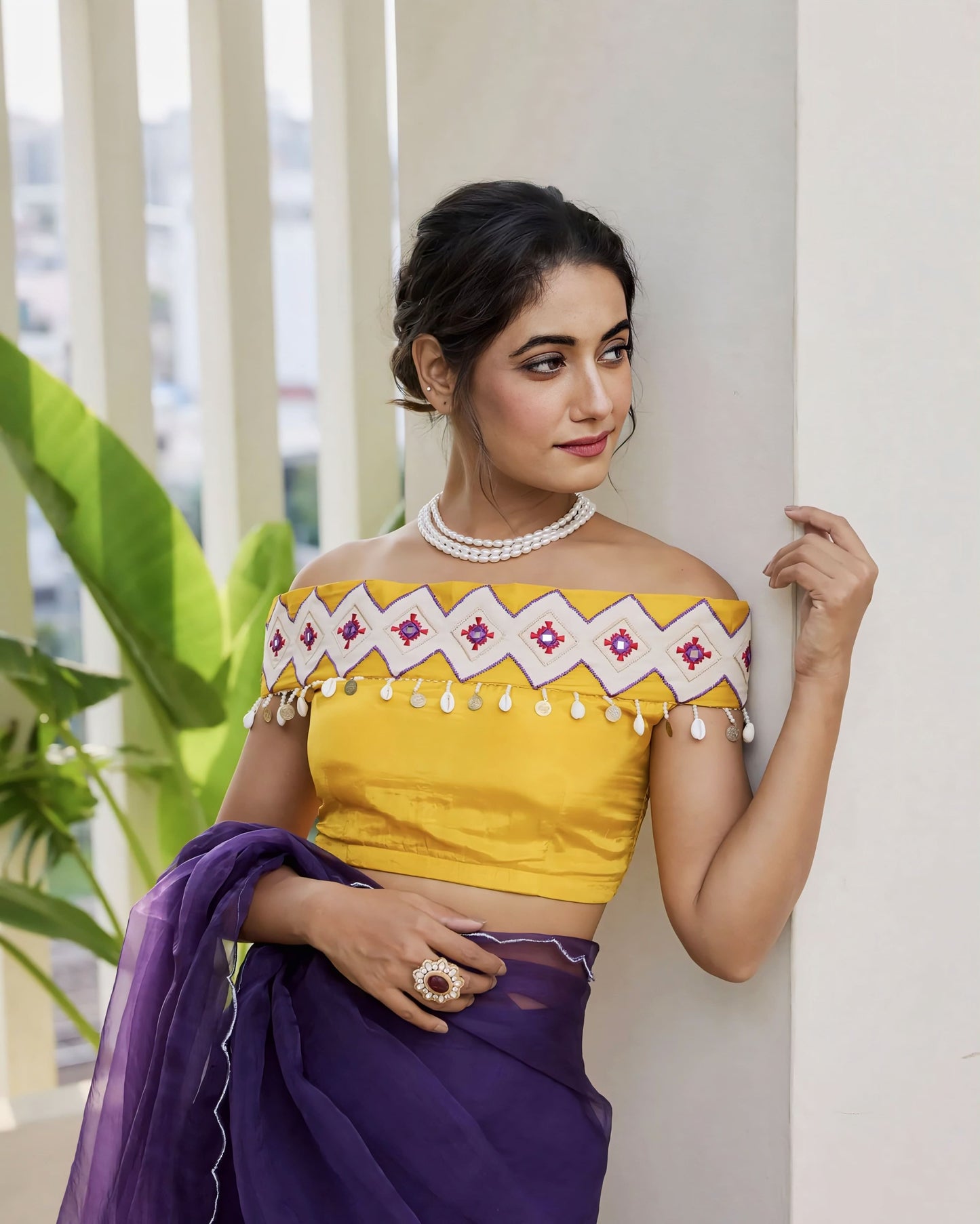 Mustard Yellow Princess Cut Off-Shoulder Blouse with Embroidered Neck Band