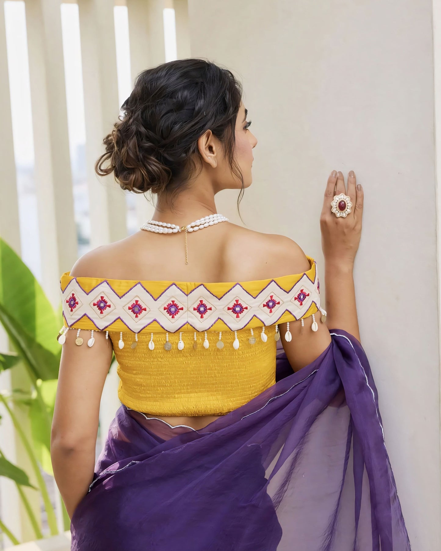 Mustard Yellow Princess Cut Off-Shoulder Blouse with Embroidered Neck Band