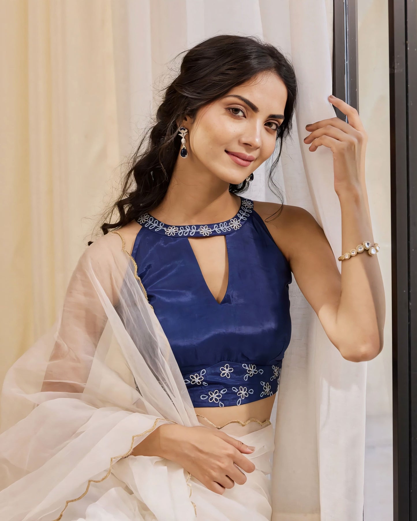 Navy Blue Halter Neck Princess Cut Blouse with Floral Embroidery