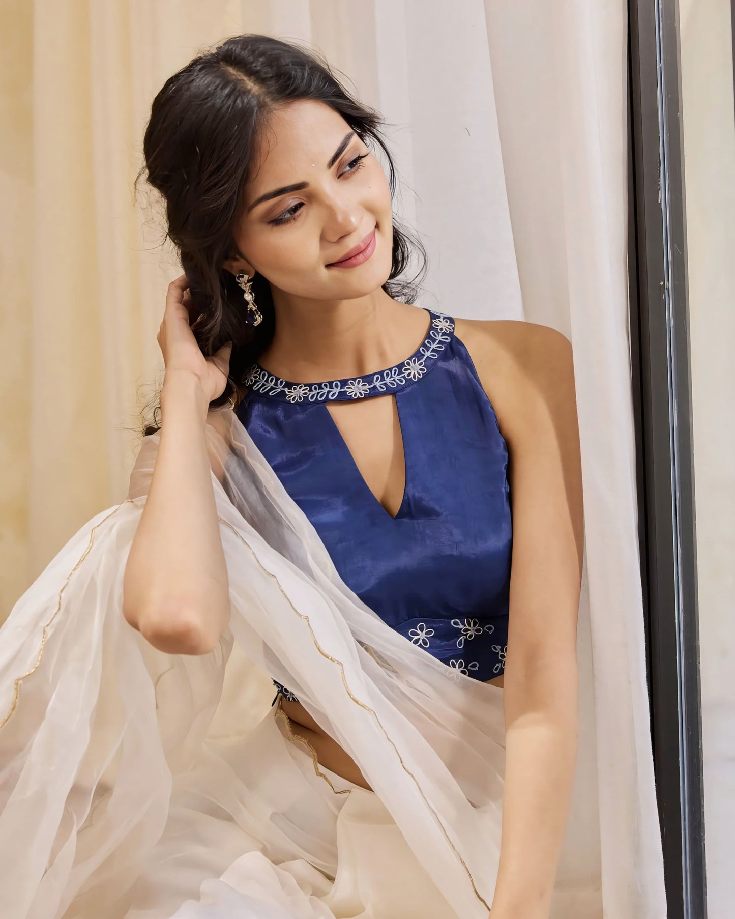 Navy Blue Halter Neck Princess Cut Blouse with Floral Embroidery