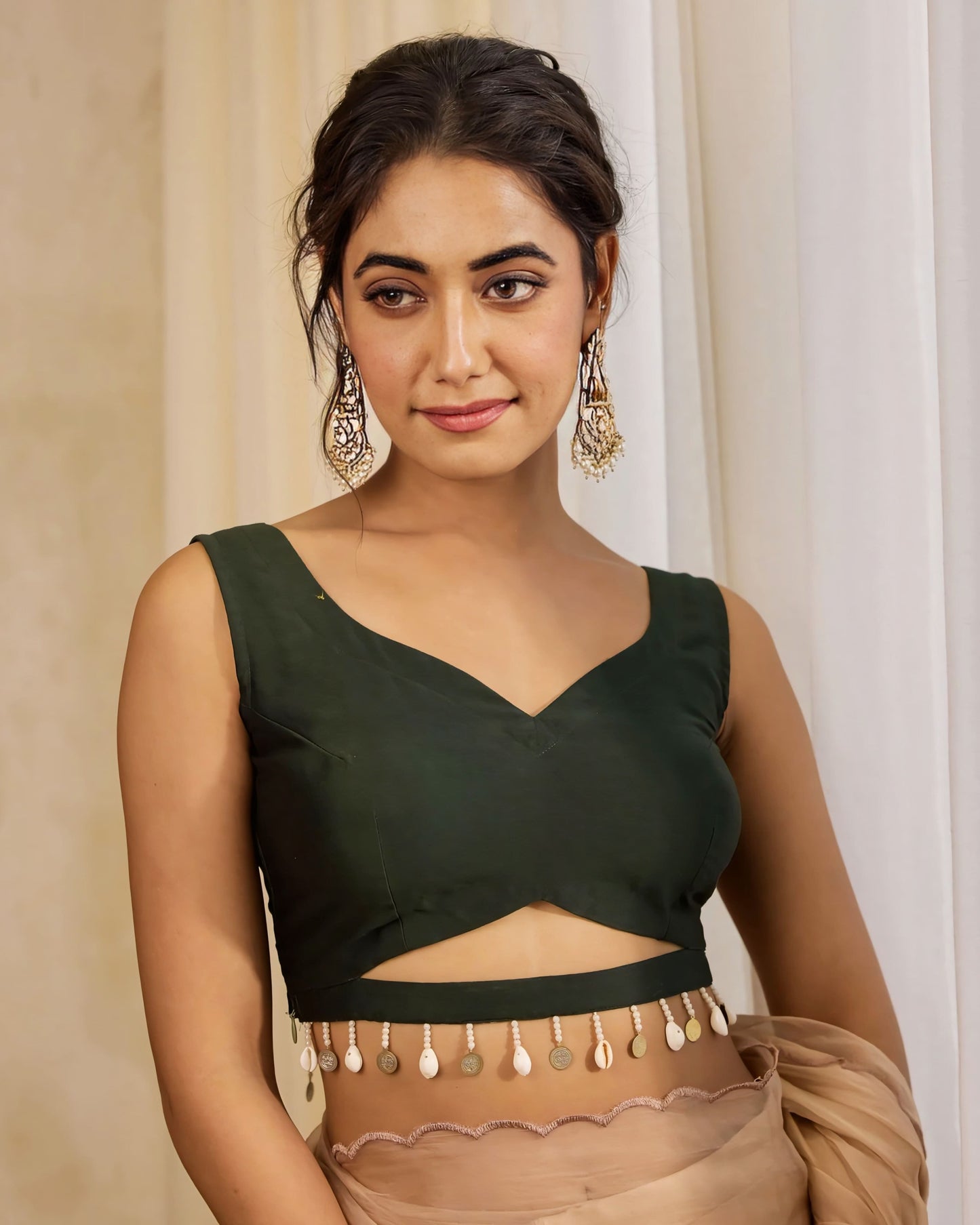 Dark Green V-Neck Cutout Blouse with Pearl & Coin Tassel Hem