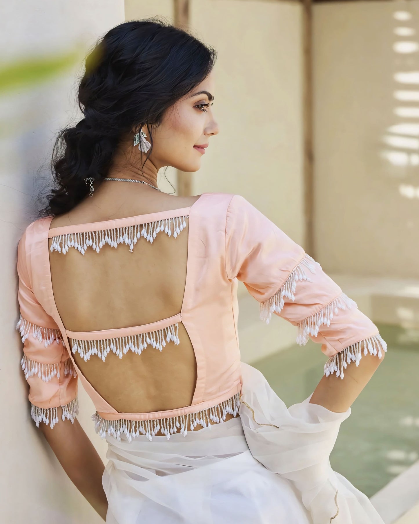 Peach Princess Cut Blouse with Fringe Sleeve Detailing