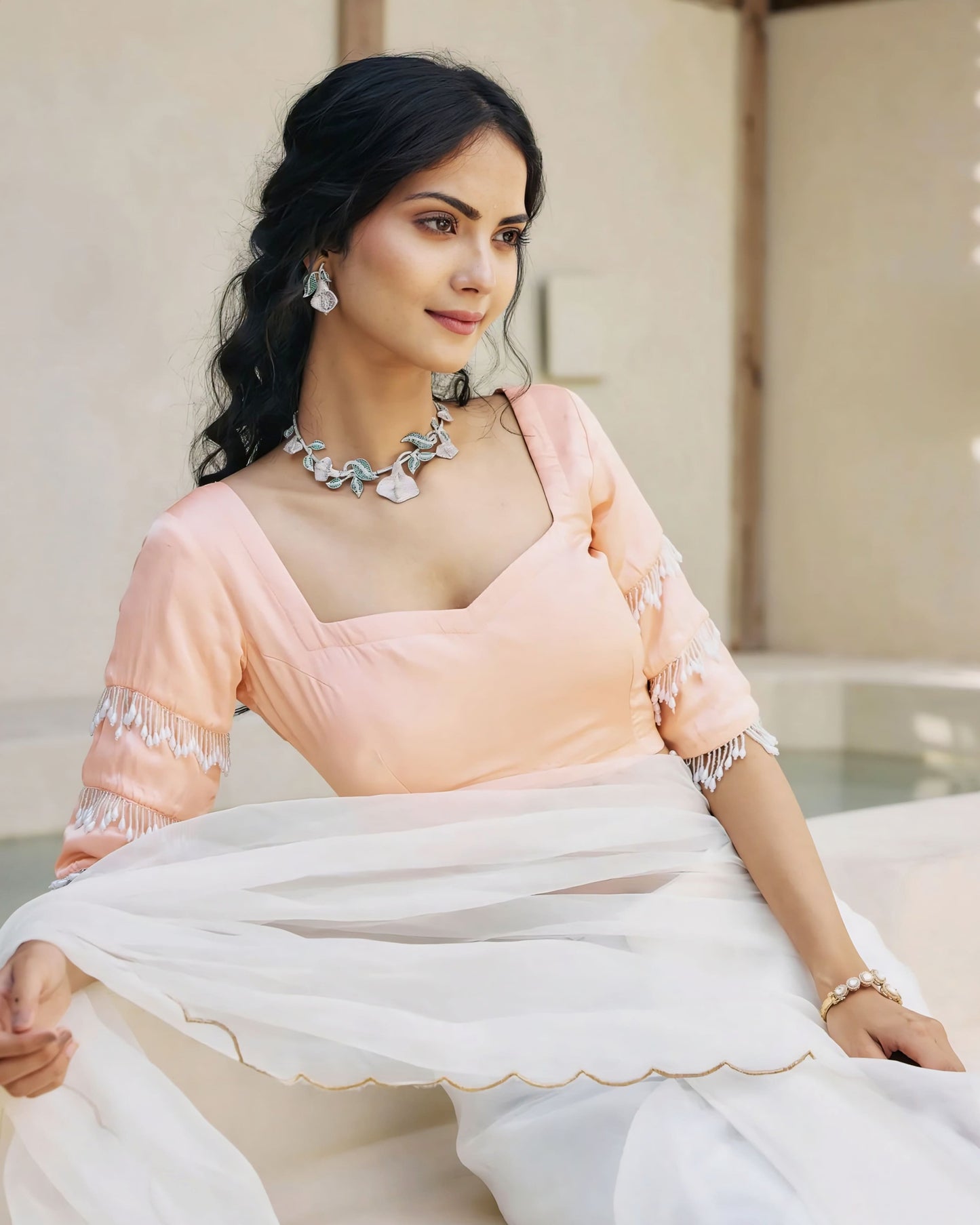 Peach Princess Cut Blouse with Fringe Sleeve Detailing