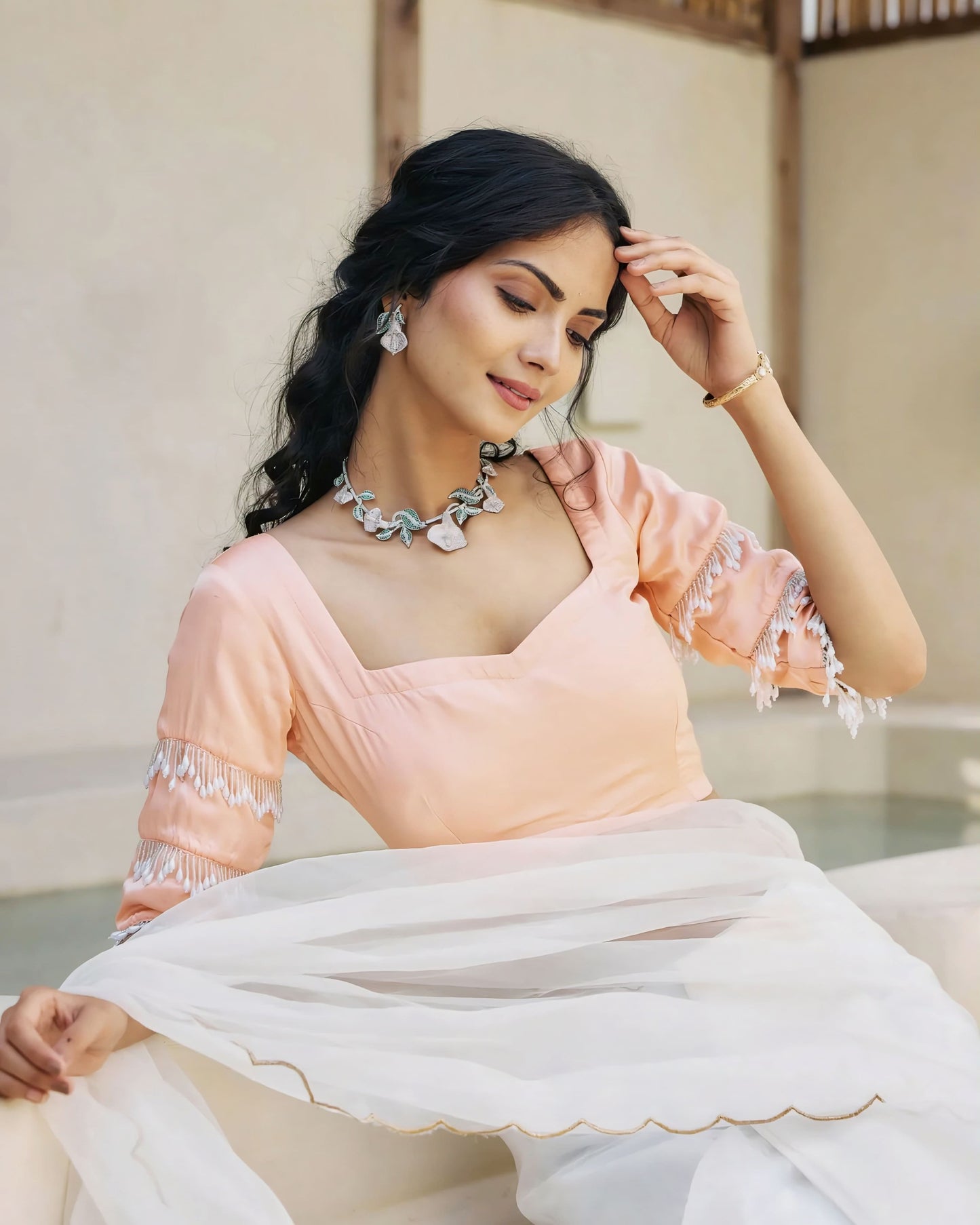 Peach Princess Cut Blouse with Fringe Sleeve Detailing