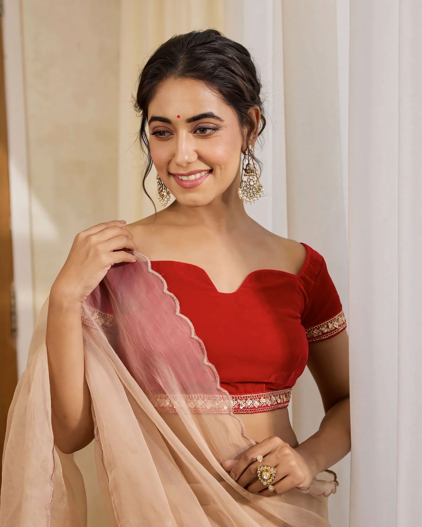 Red Princess Cut Blouse with Sweetheart Neckline & Lace Borders