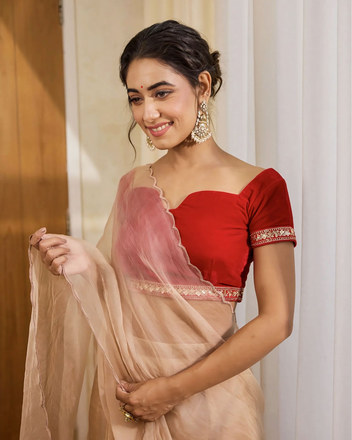 Red Princess Cut Blouse with Sweetheart Neckline & Lace Borders