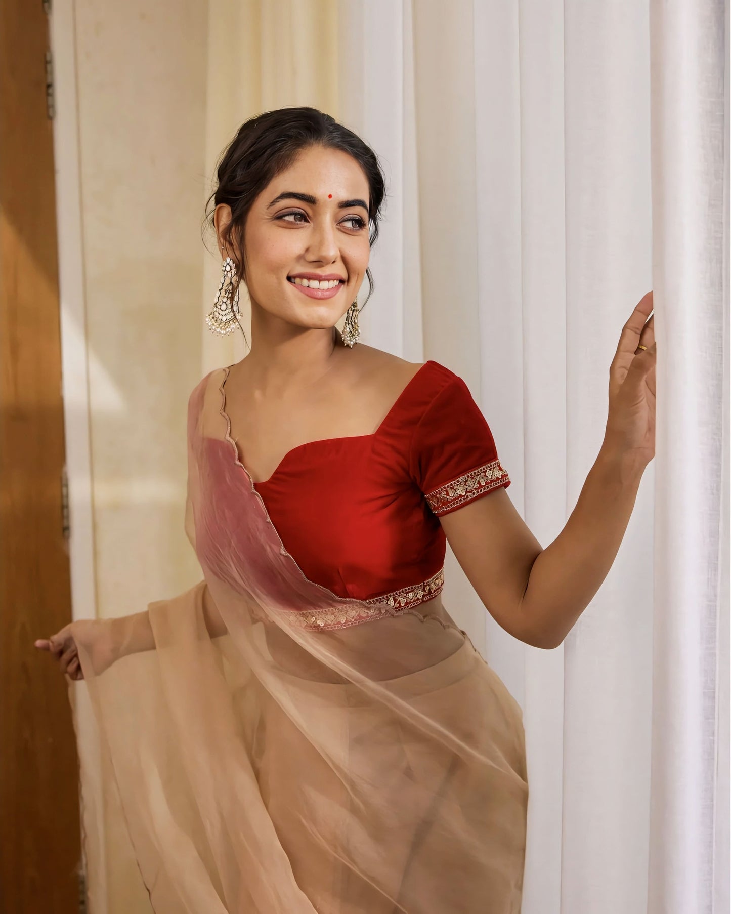 Red Princess Cut Blouse with Sweetheart Neckline & Lace Borders