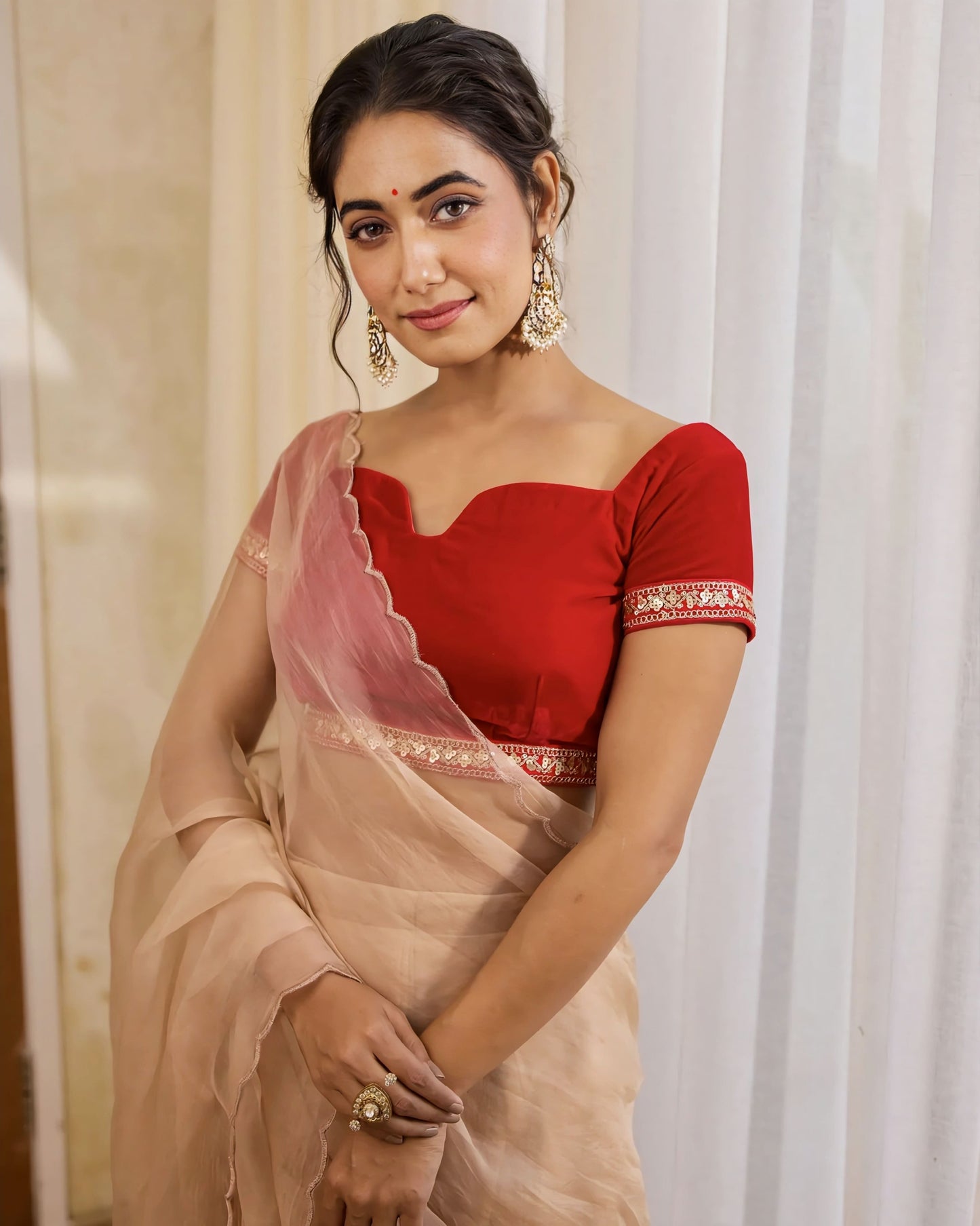 Red Princess Cut Blouse with Sweetheart Neckline & Lace Borders