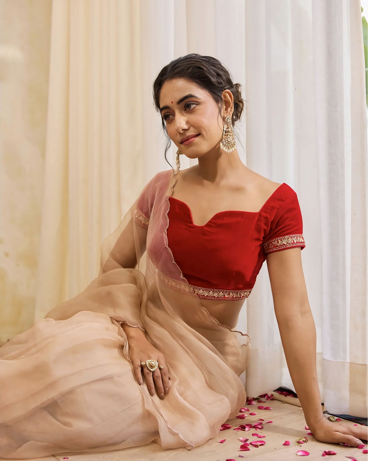 Red Princess Cut Blouse with Sweetheart Neckline & Lace Borders