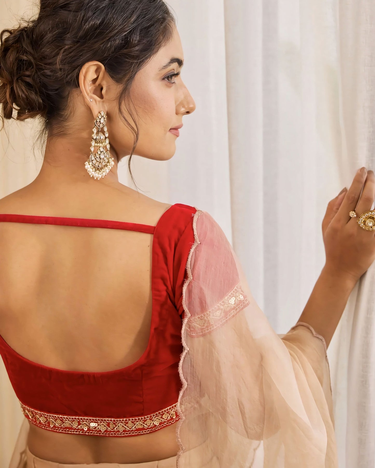 Red Princess Cut Blouse with Sweetheart Neckline & Lace Borders