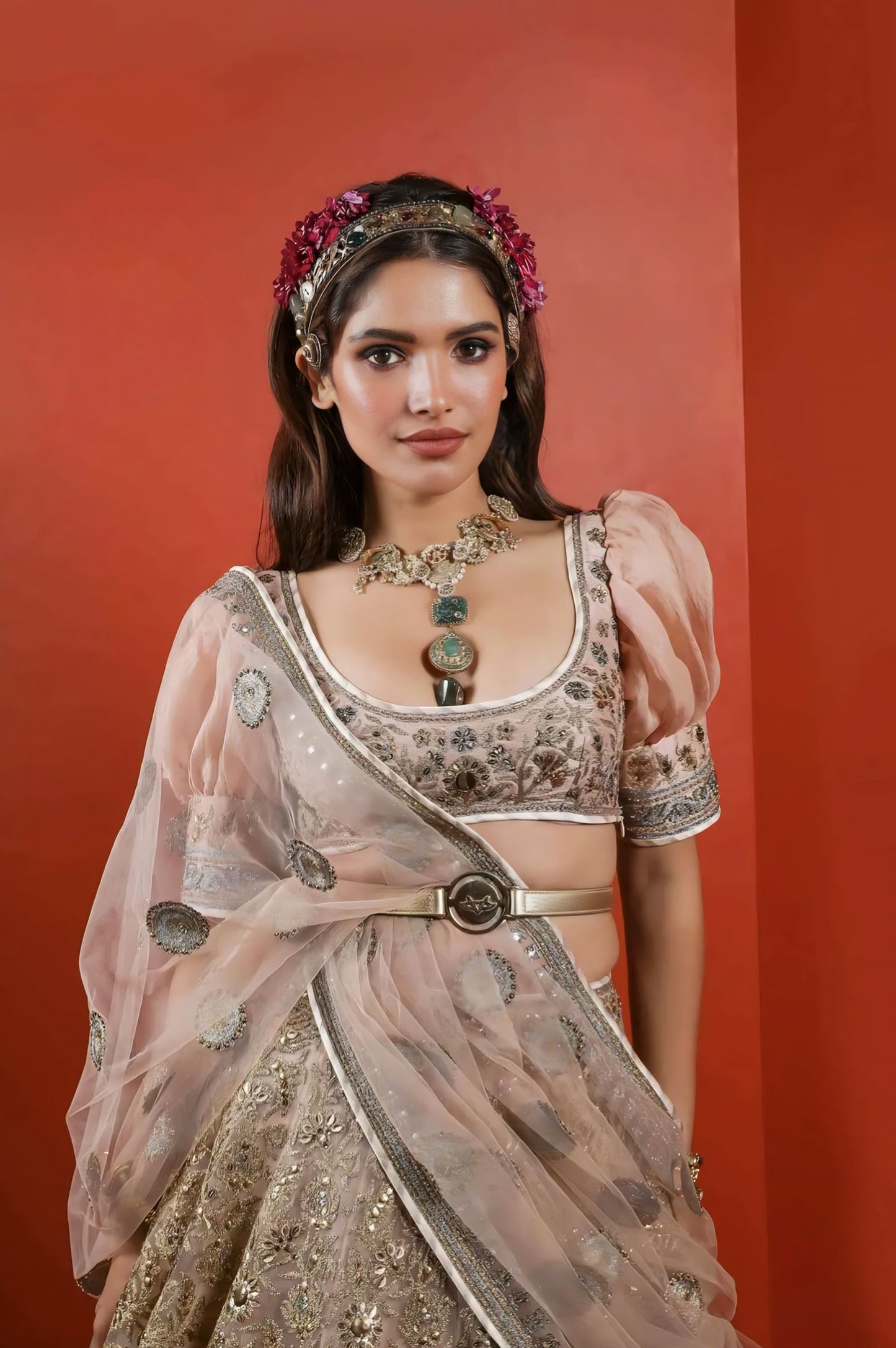 Blush pink embroidered lehenga choli with puff sleeve blouse for engagement and reception wear