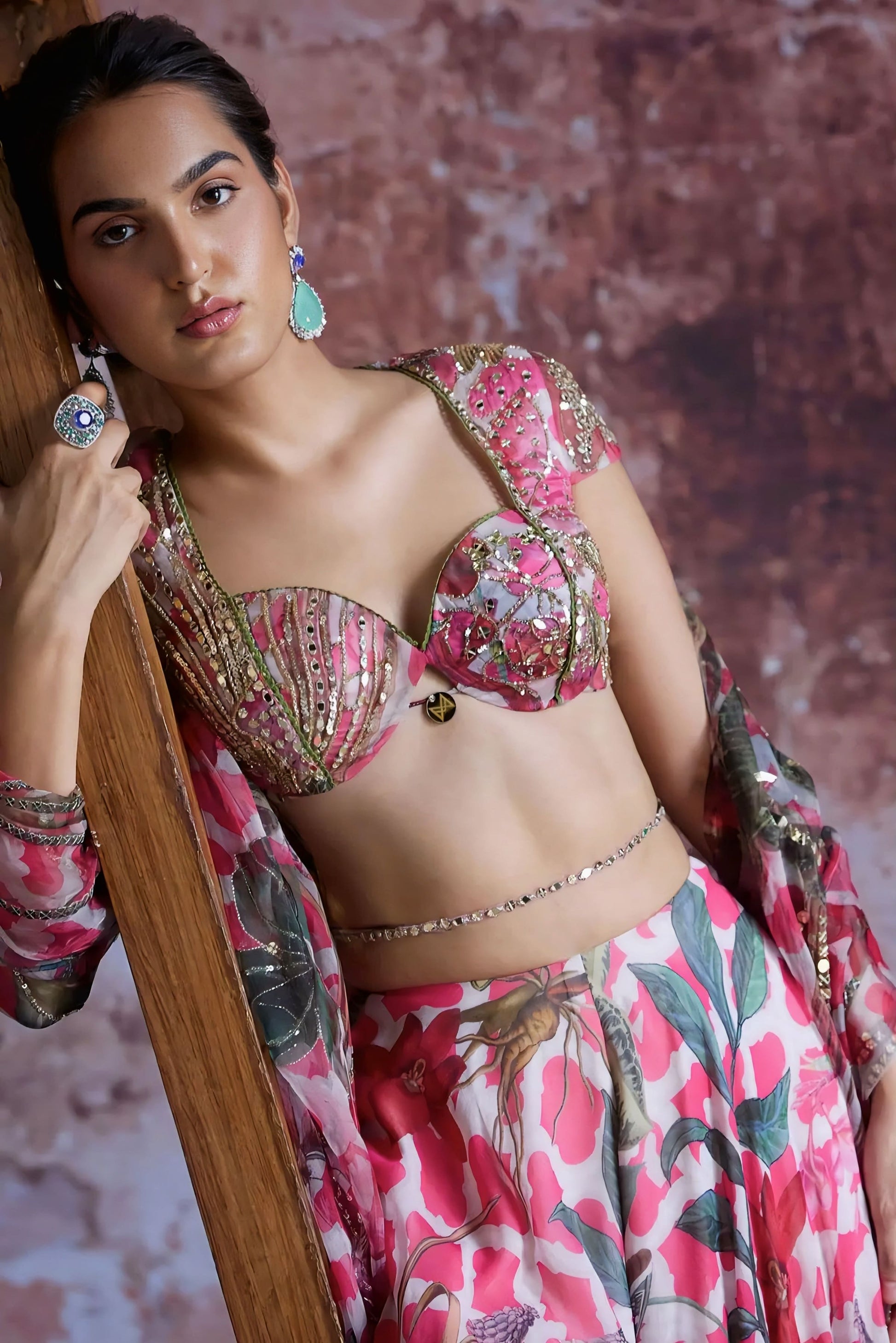 Pink floral printed designer blouse with sweetheart neckline and mirror sequin work for lehenga