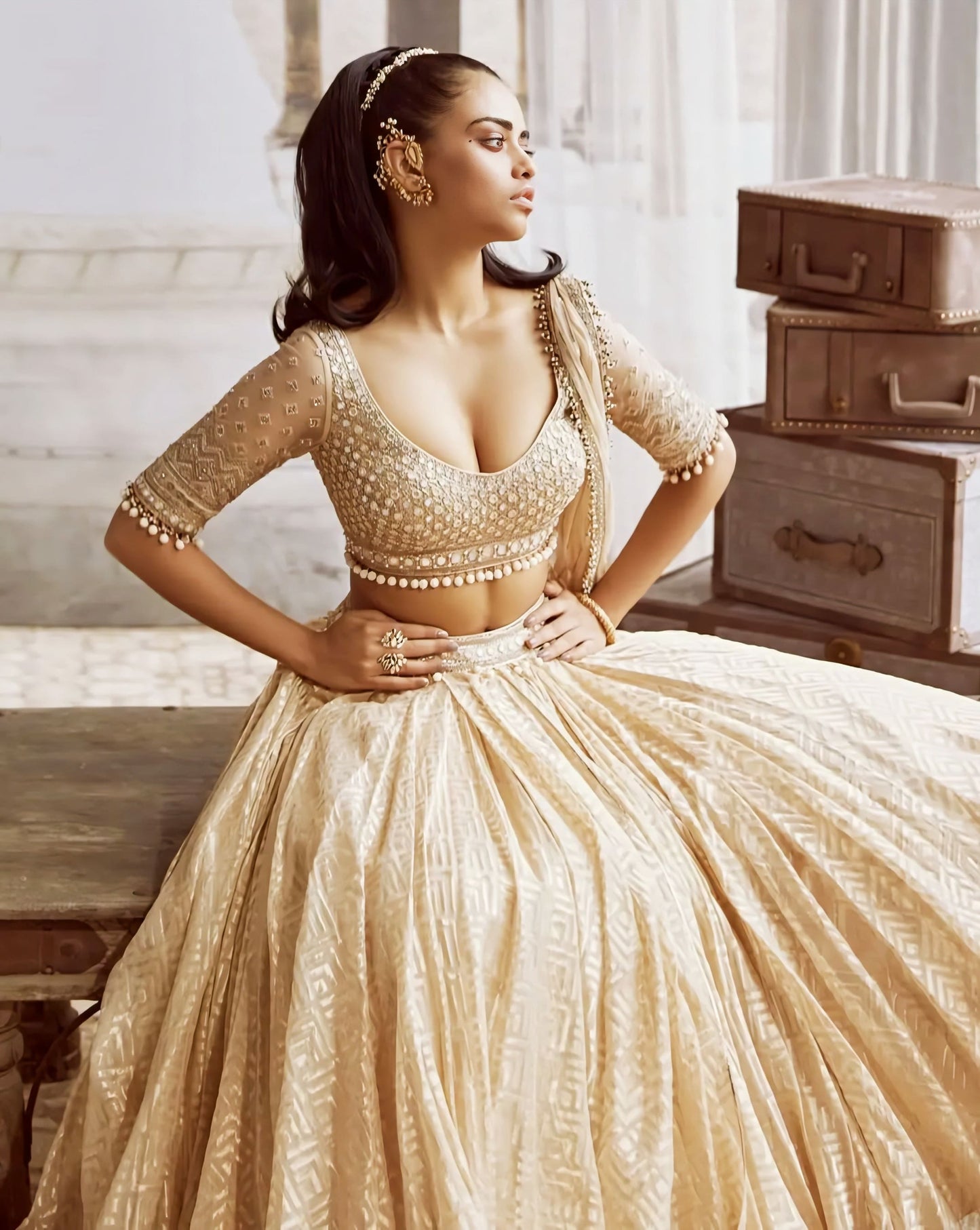 Champagne gold princess cut deep neck embroidered blouse with mirror work and tassel detailing