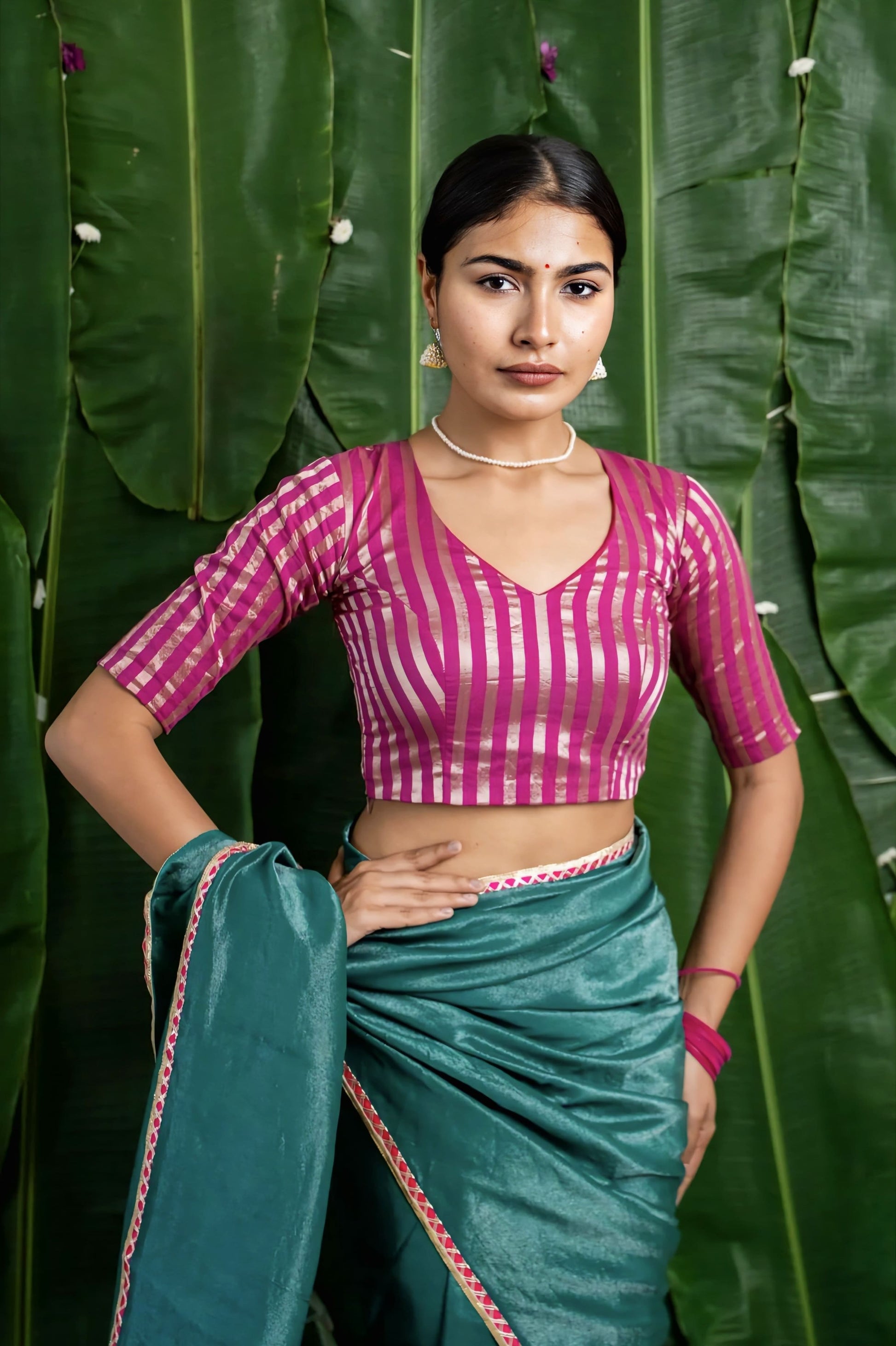 Fancy blouse design in pink and gold vertical striped silk with V-neck and elbow sleeves