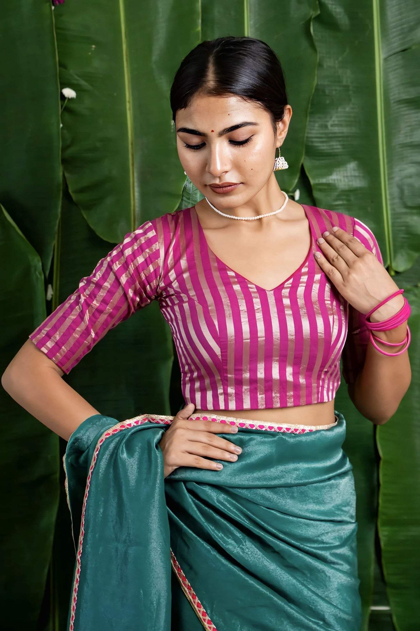 Fancy Blouse Design in Pink & Gold Vertical Stripes with V-Neck and Elbow Sleeves