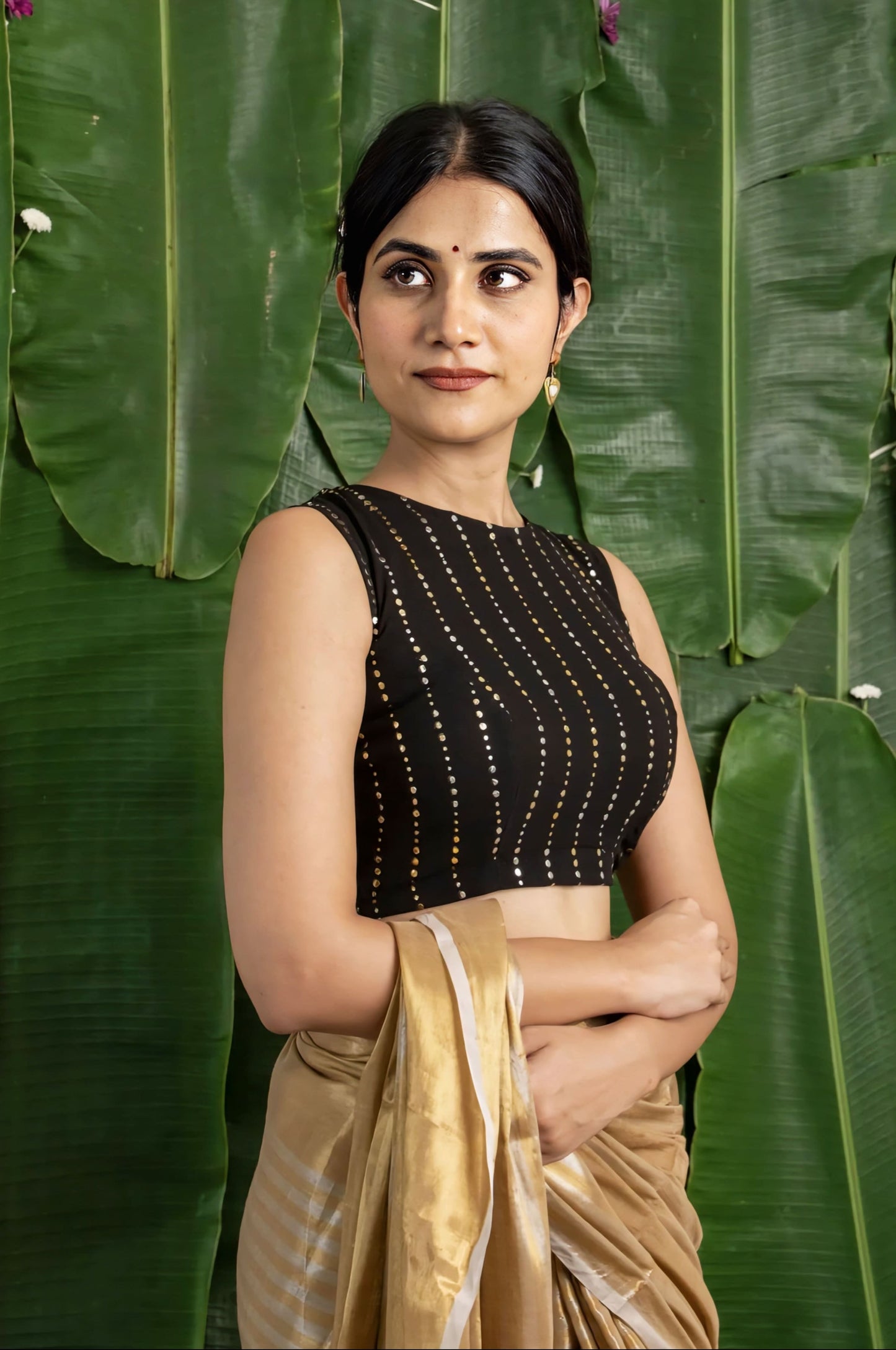 Black Fancy Blouse Design with Gold Dotted Stripes – Sleeveless High Neck Saree Blouse