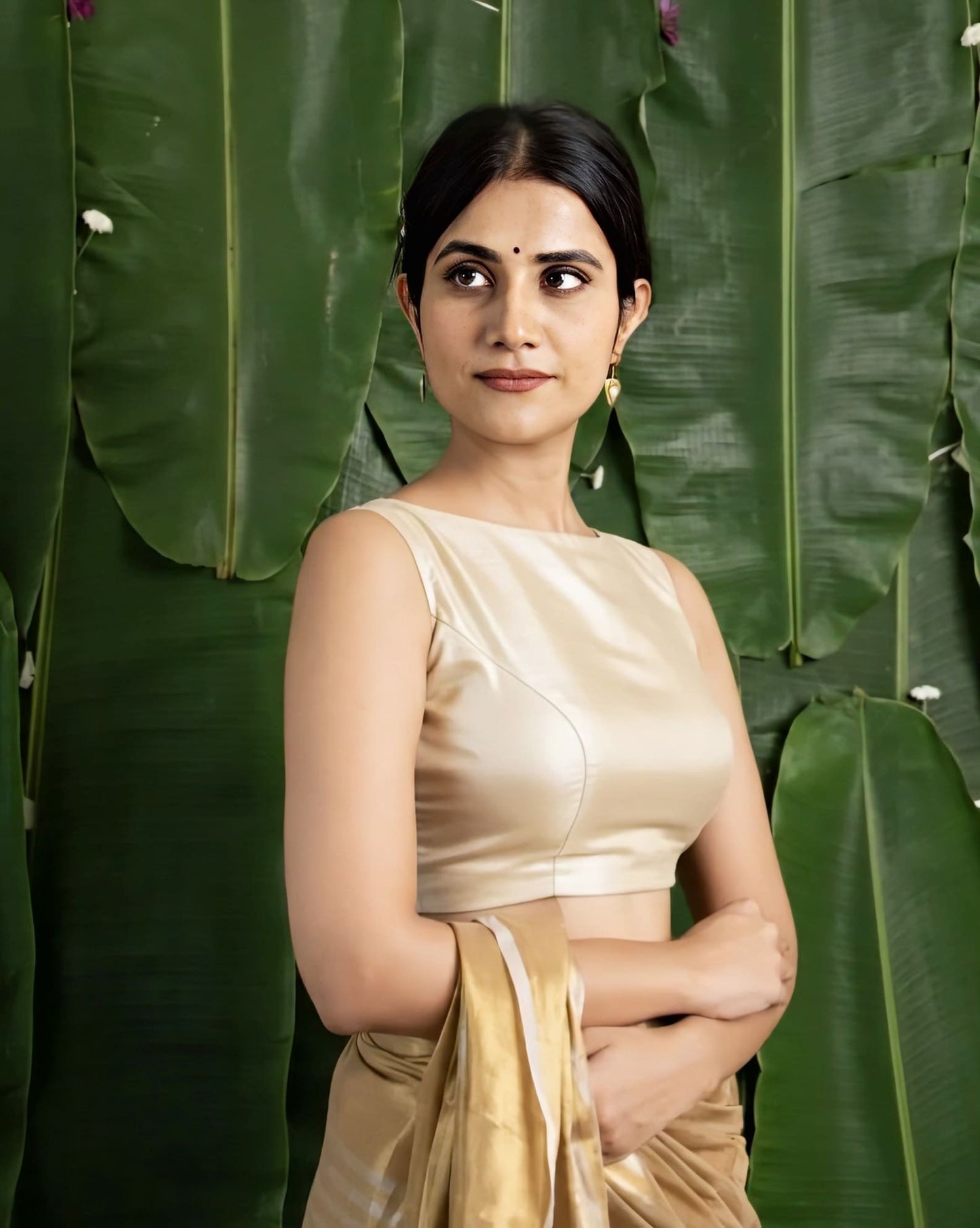 Champagne Gold Fancy Blouse Design – Sleeveless High Neck Elegant Saree Blouse