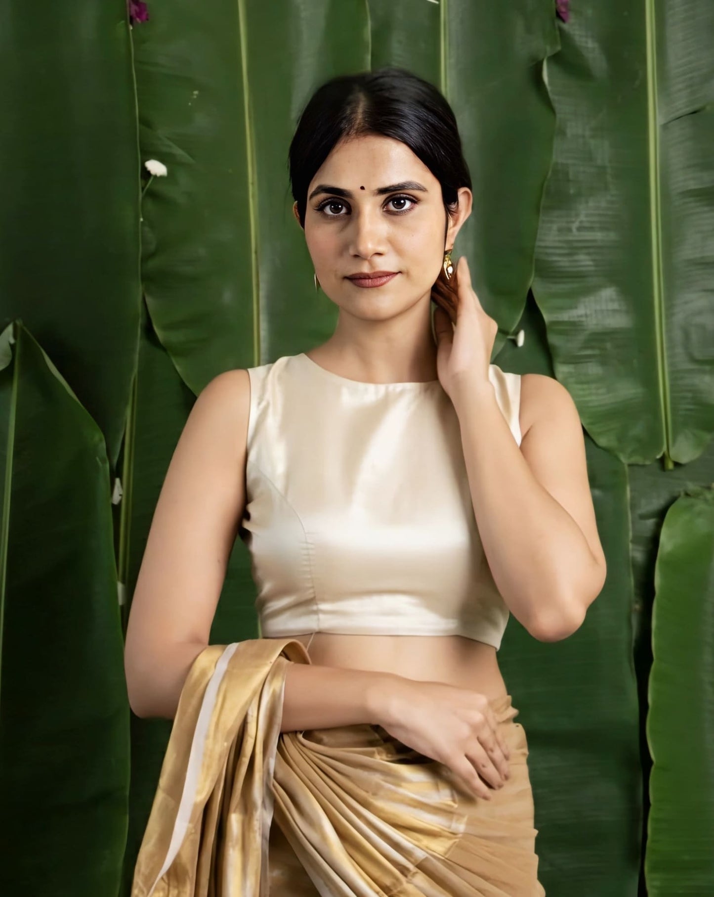 Champagne Gold Fancy Blouse Design – Sleeveless High Neck Elegant Saree Blouse