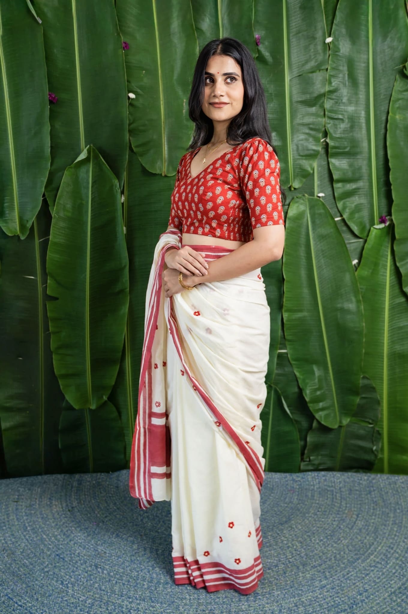 Red Printed Fancy Blouse Design with V Neck & Elbow Sleeves – Traditional Saree Blouse