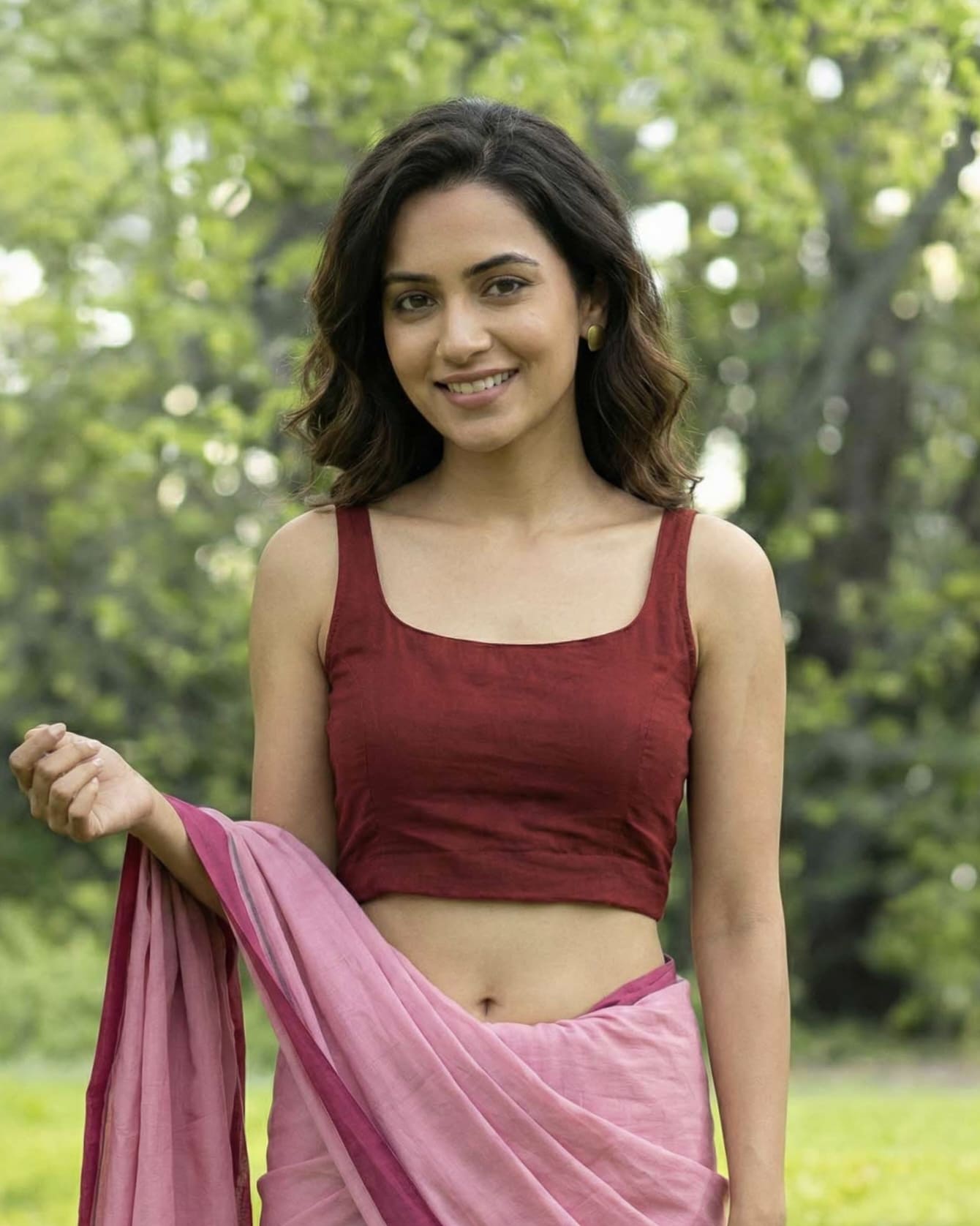 Maroon sleeveless fancy blouse design with square neckline paired with pastel saree for party and festive wear.