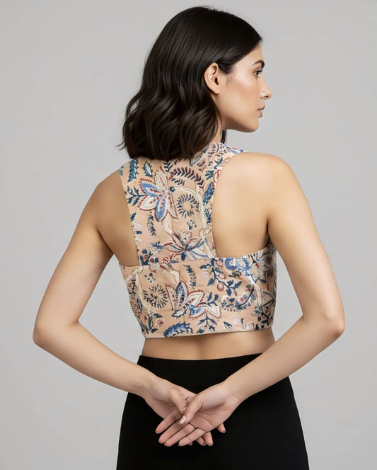 Beige Floral Fancy Blouse Design – Elegant Sleeveless V Neck Saree Blouse